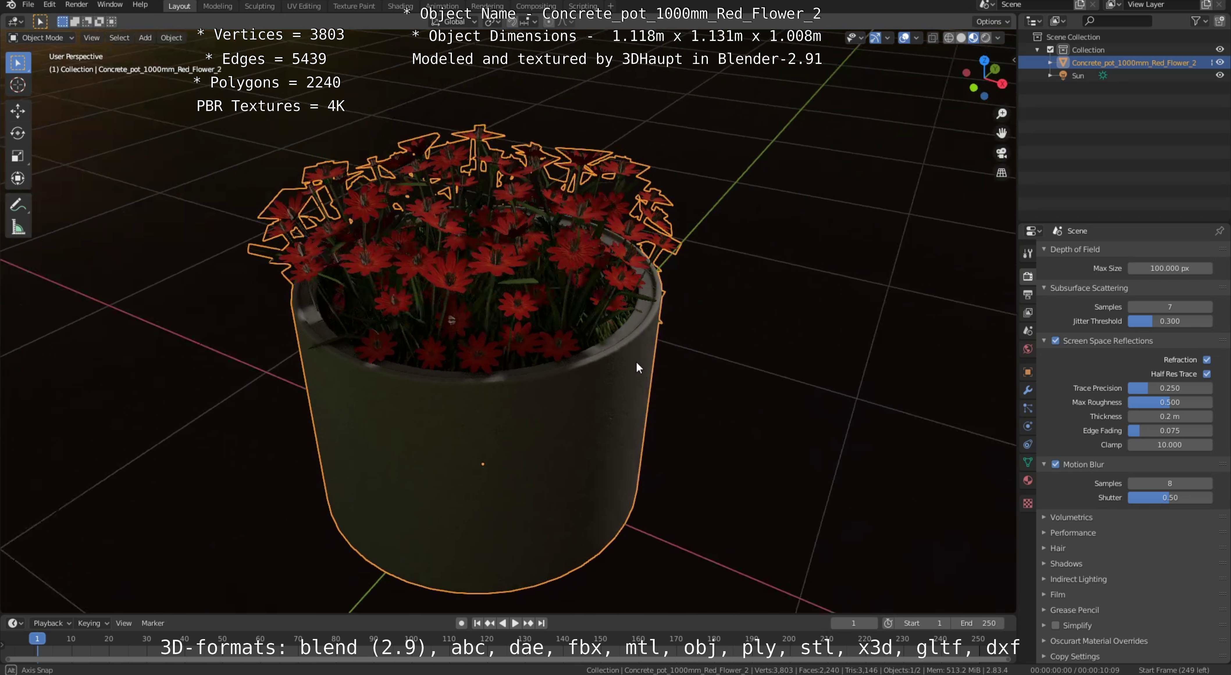 Concrete Pot 1000mm with Red Flowers Version 2 Low-poly 3D model_2