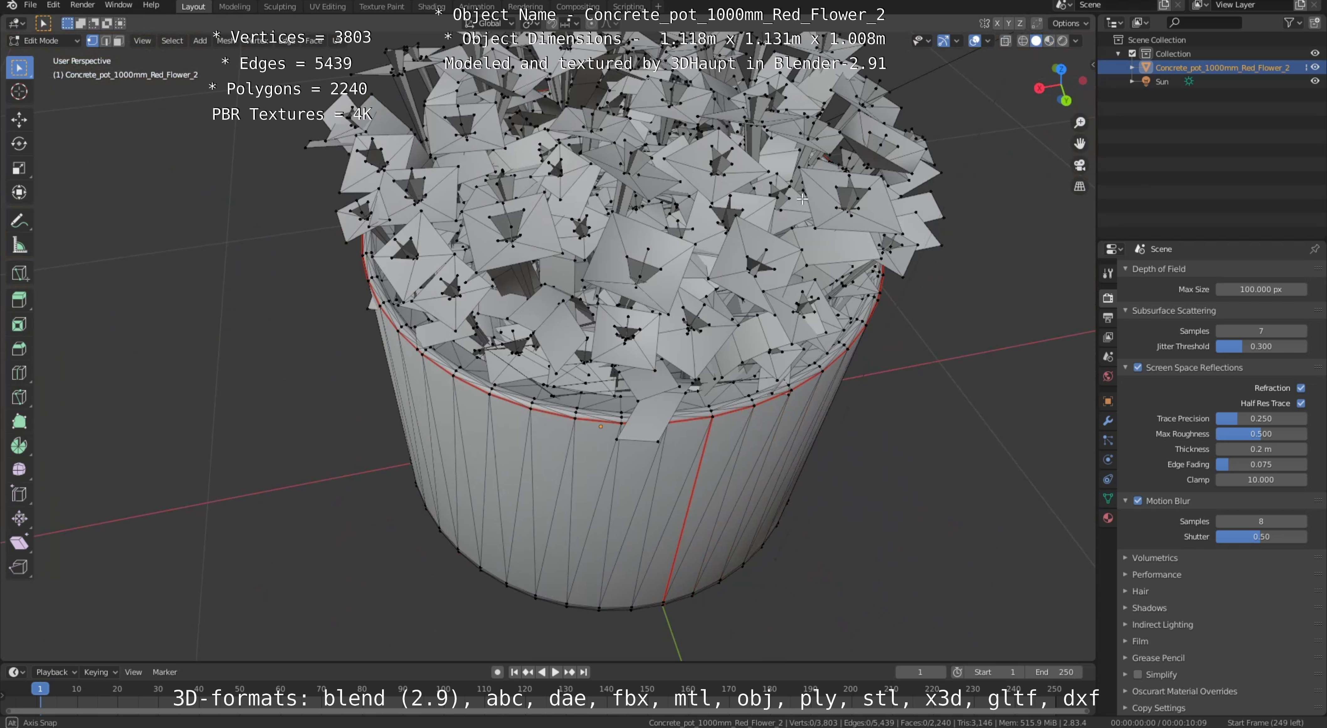 Concrete Pot 1000mm with Red Flowers Version 2 Low-poly 3D model_55