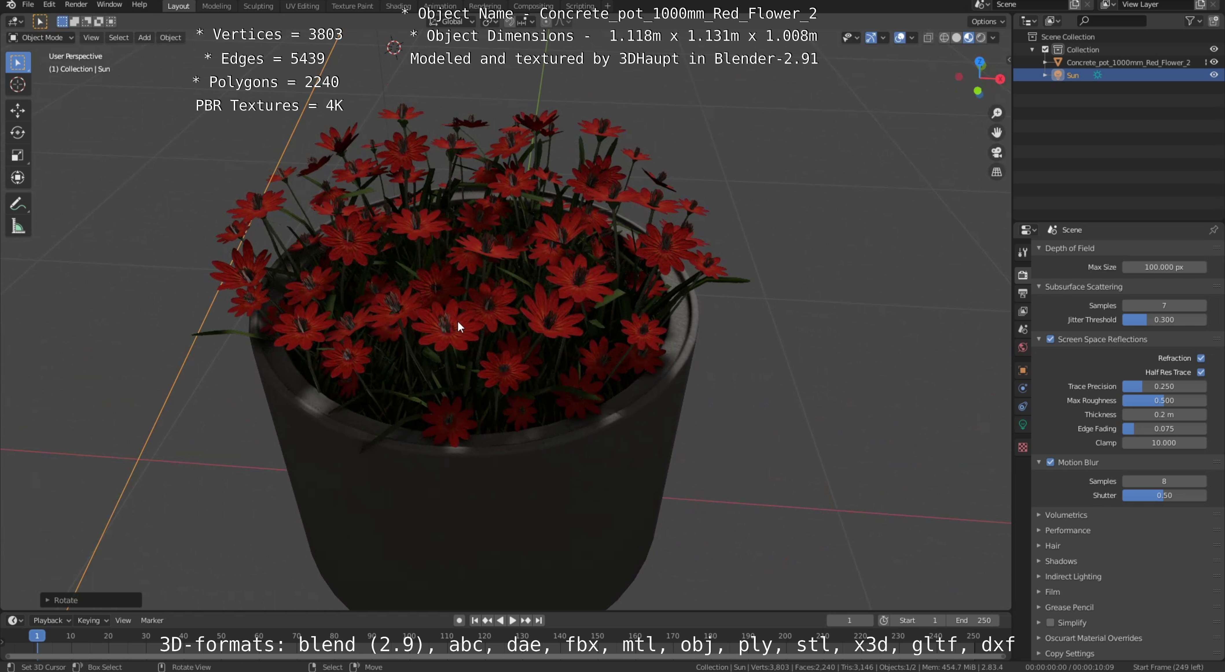 Concrete Pot 1000mm with Red Flowers Version 2 Low-poly 3D model_94