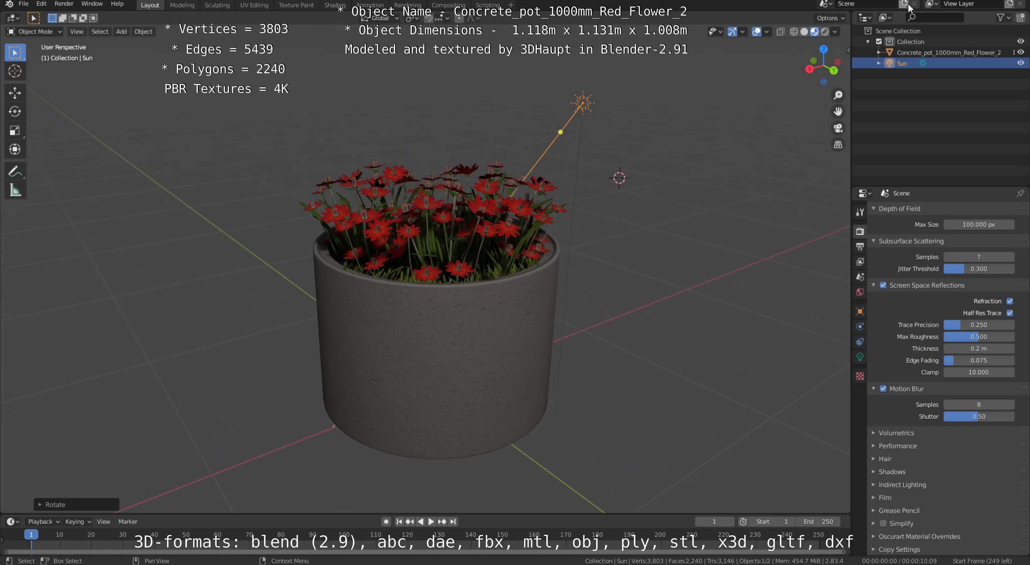 Concrete Pot 1000mm with Red Flowers Version 2 Low-poly 3D model_100