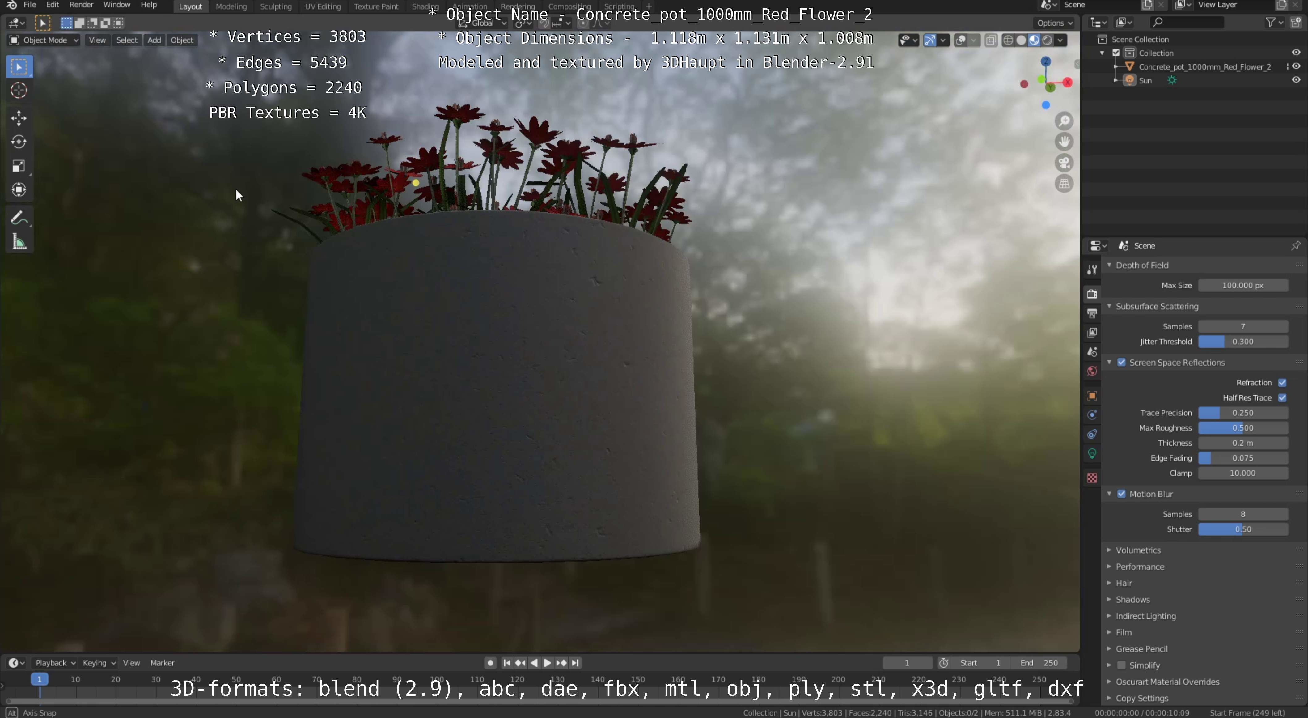 Concrete Pot 1000mm with Red Flowers Version 2 Low-poly 3D model_29