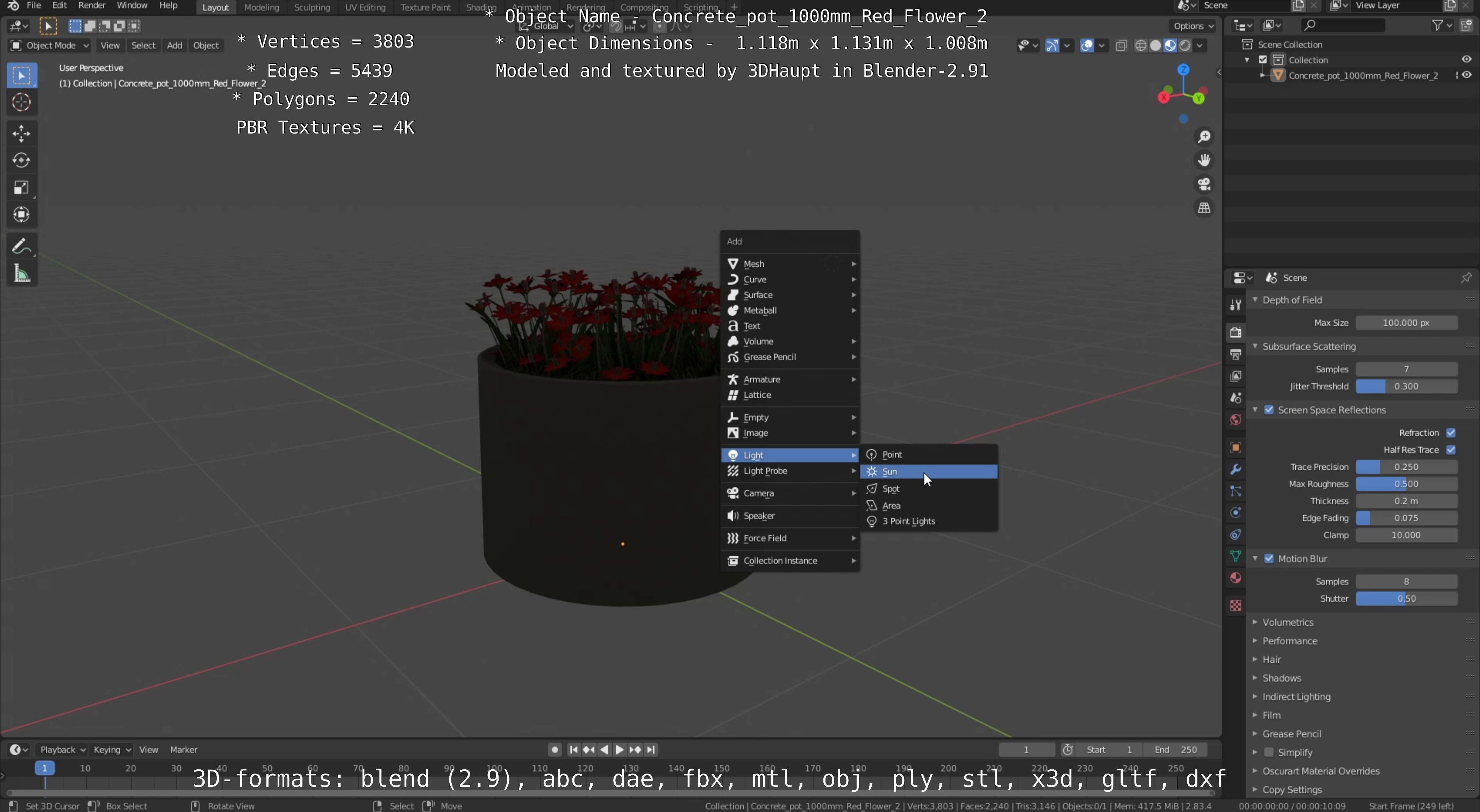 Concrete Pot 1000mm with Red Flowers Version 2 Low-poly 3D model_87