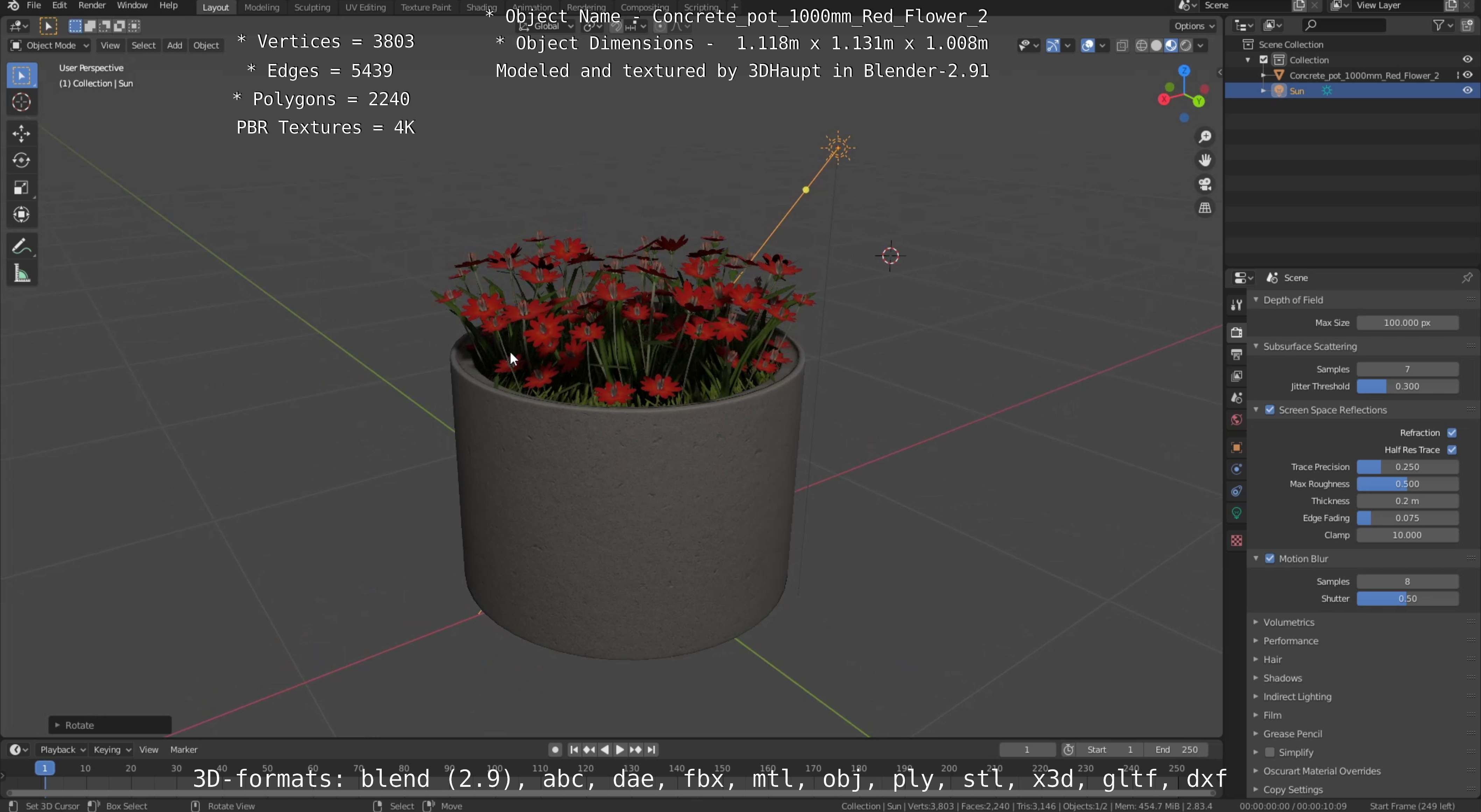 Concrete Pot 1000mm with Red Flowers Version 2 Low-poly 3D model_98