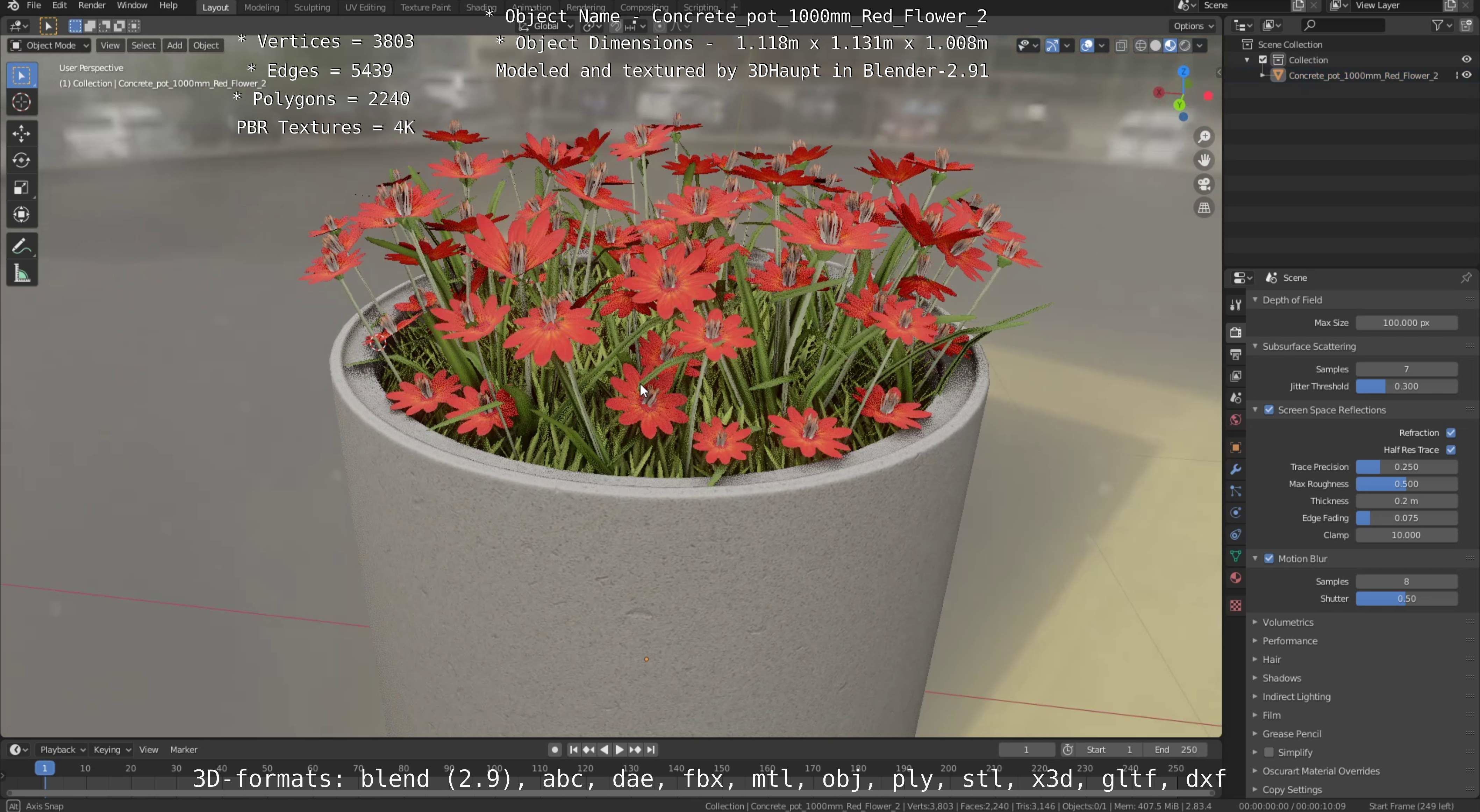 Concrete Pot 1000mm with Red Flowers Version 2 Low-poly 3D model_79