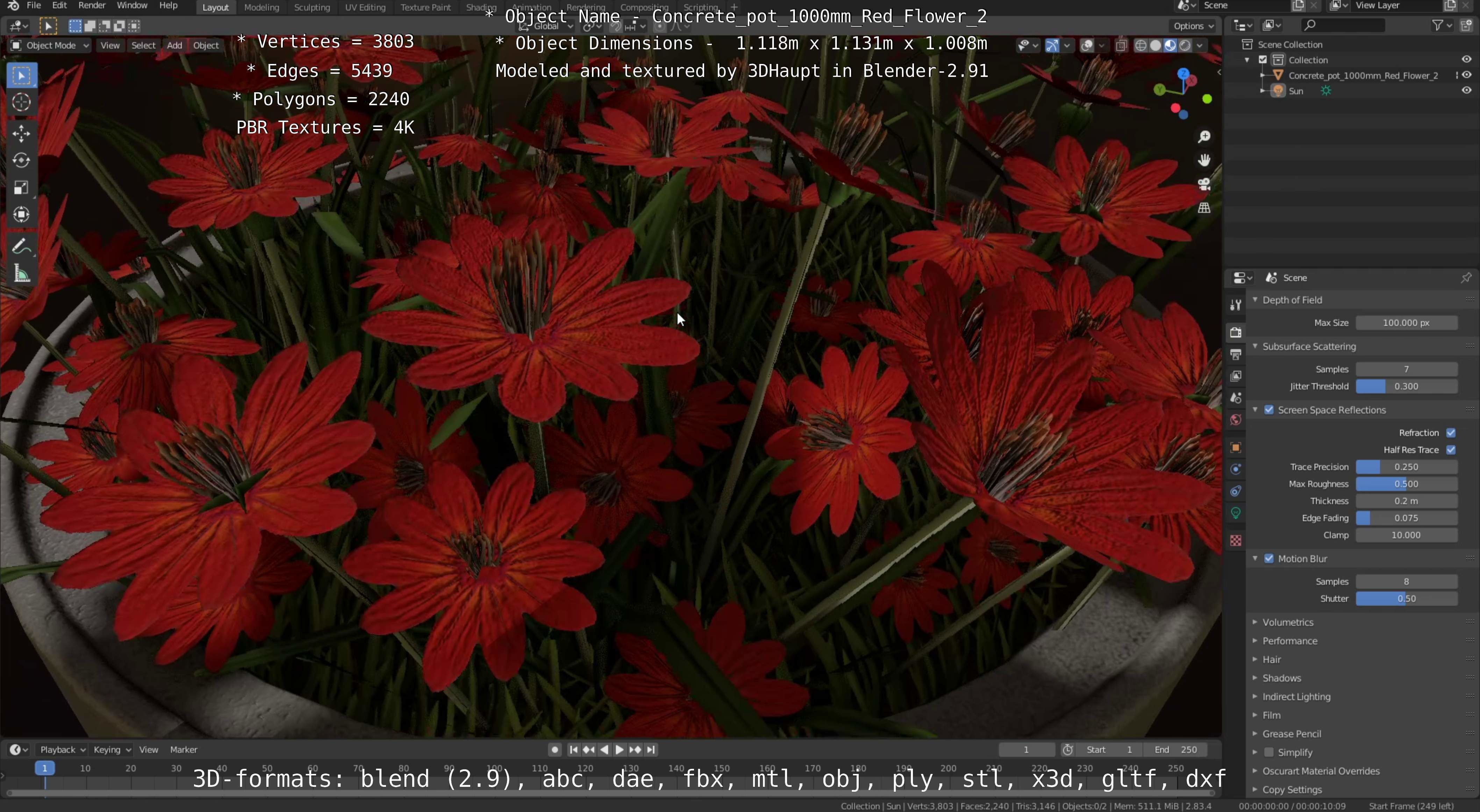 Concrete Pot 1000mm with Red Flowers Version 2 Low-poly 3D model_42