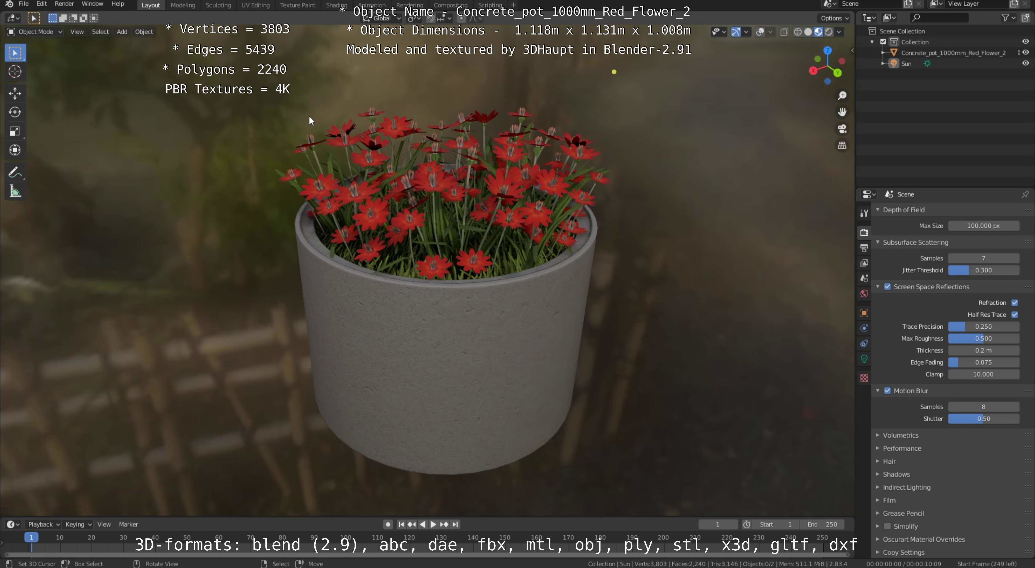 Concrete Pot 1000mm with Red Flowers Version 2 Low-poly 3D model_36