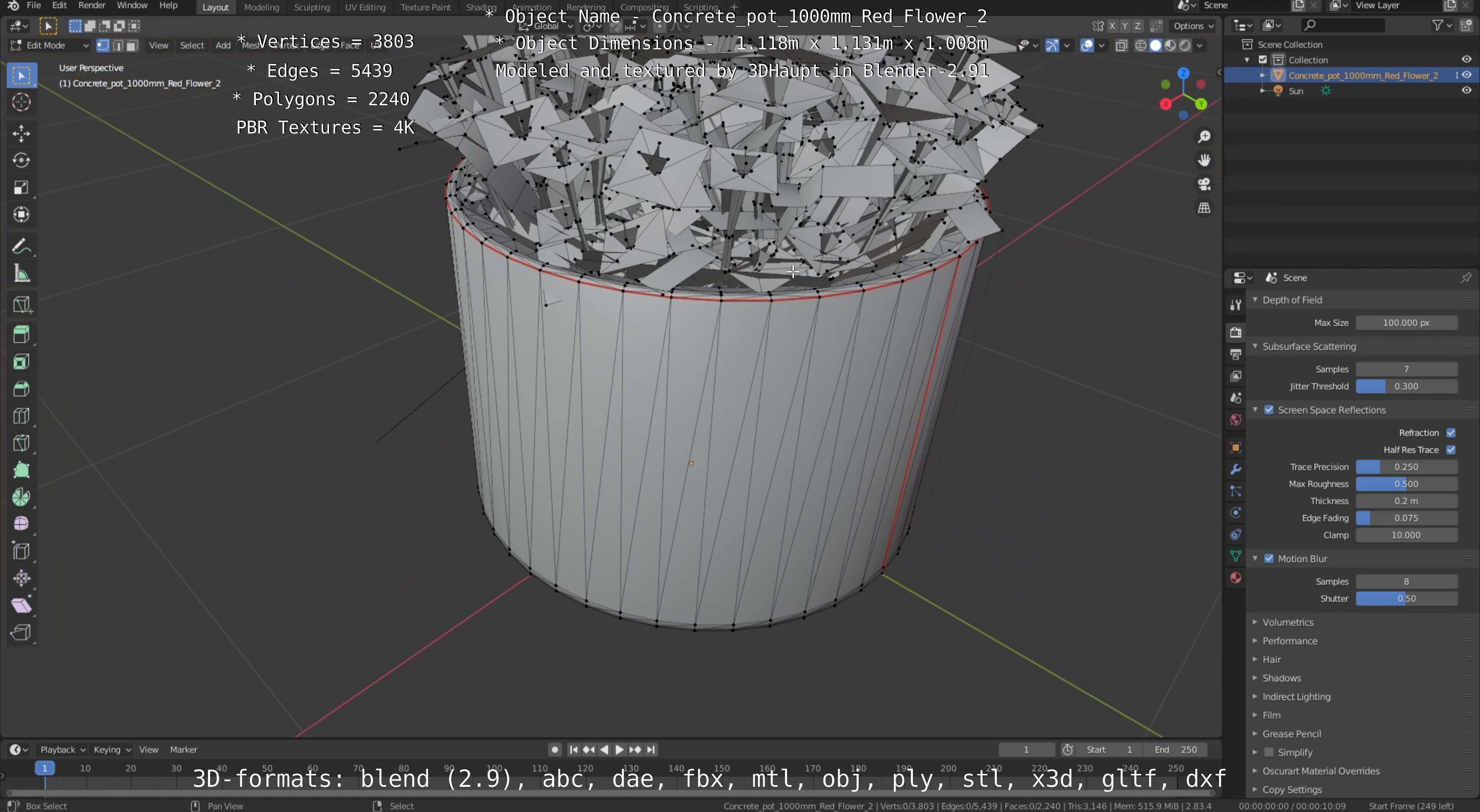 Concrete Pot 1000mm with Red Flowers Version 2 Low-poly 3D model_57