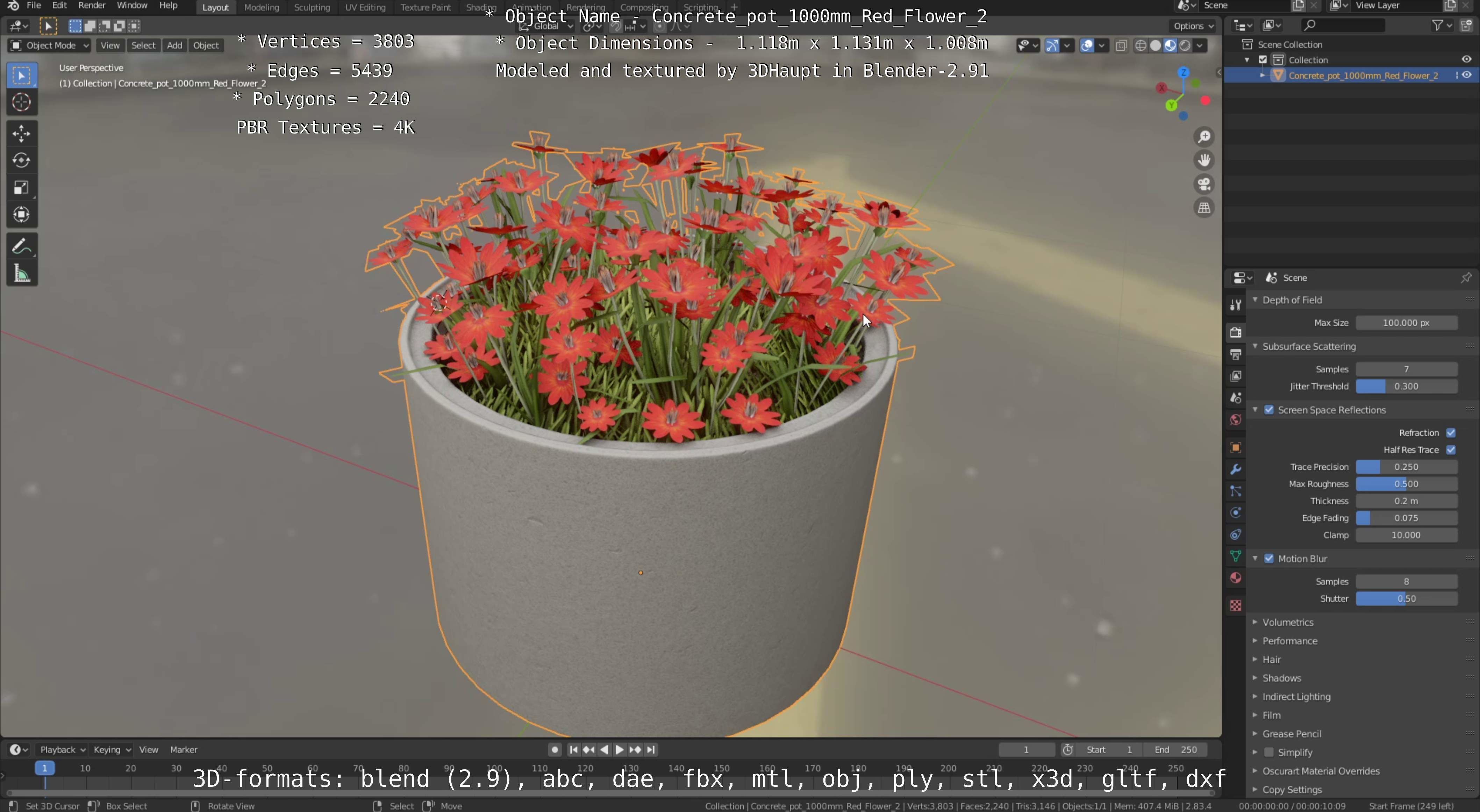 Concrete Pot 1000mm with Red Flowers Version 2 Low-poly 3D model_68