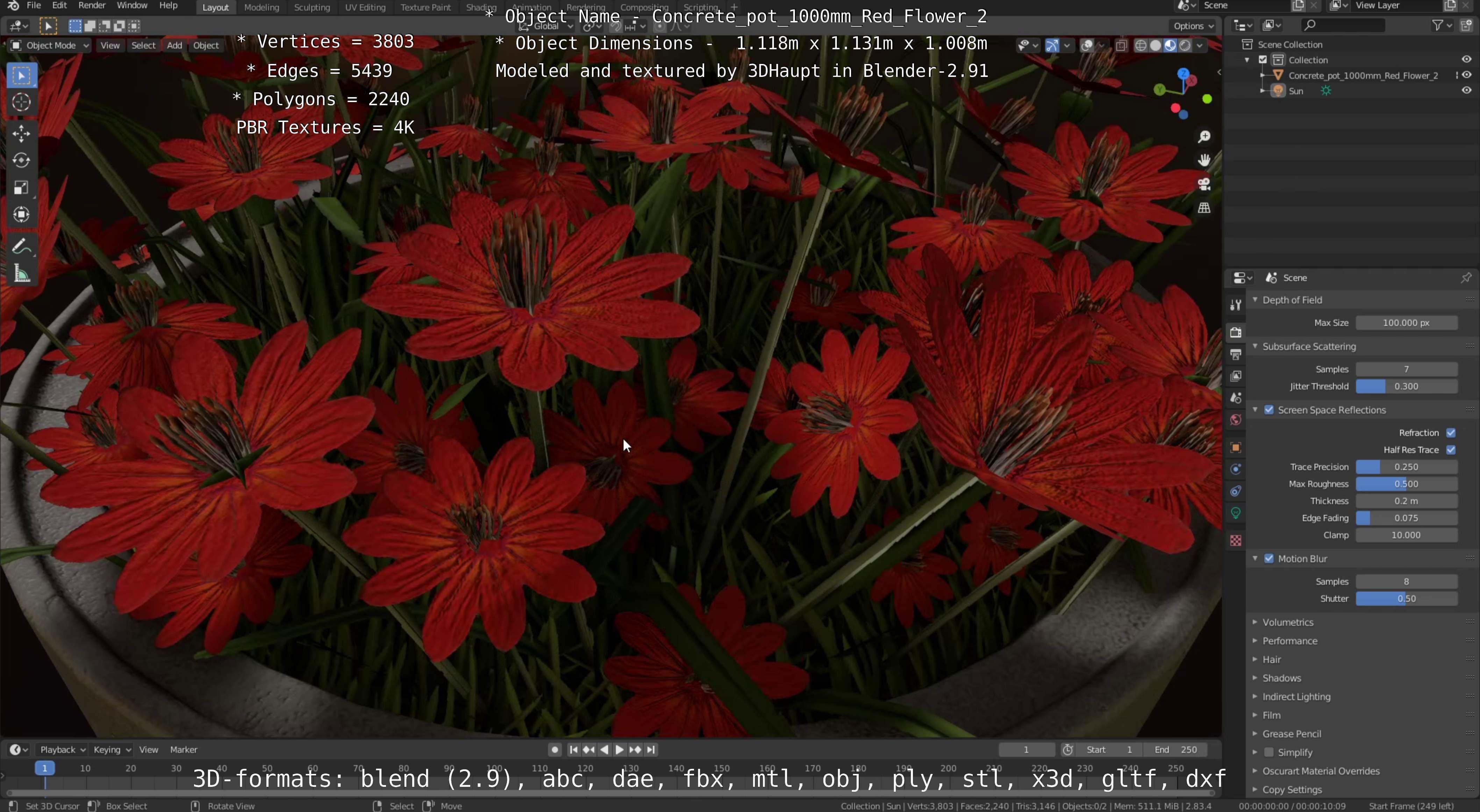 Concrete Pot 1000mm with Red Flowers Version 2 Low-poly 3D model_39