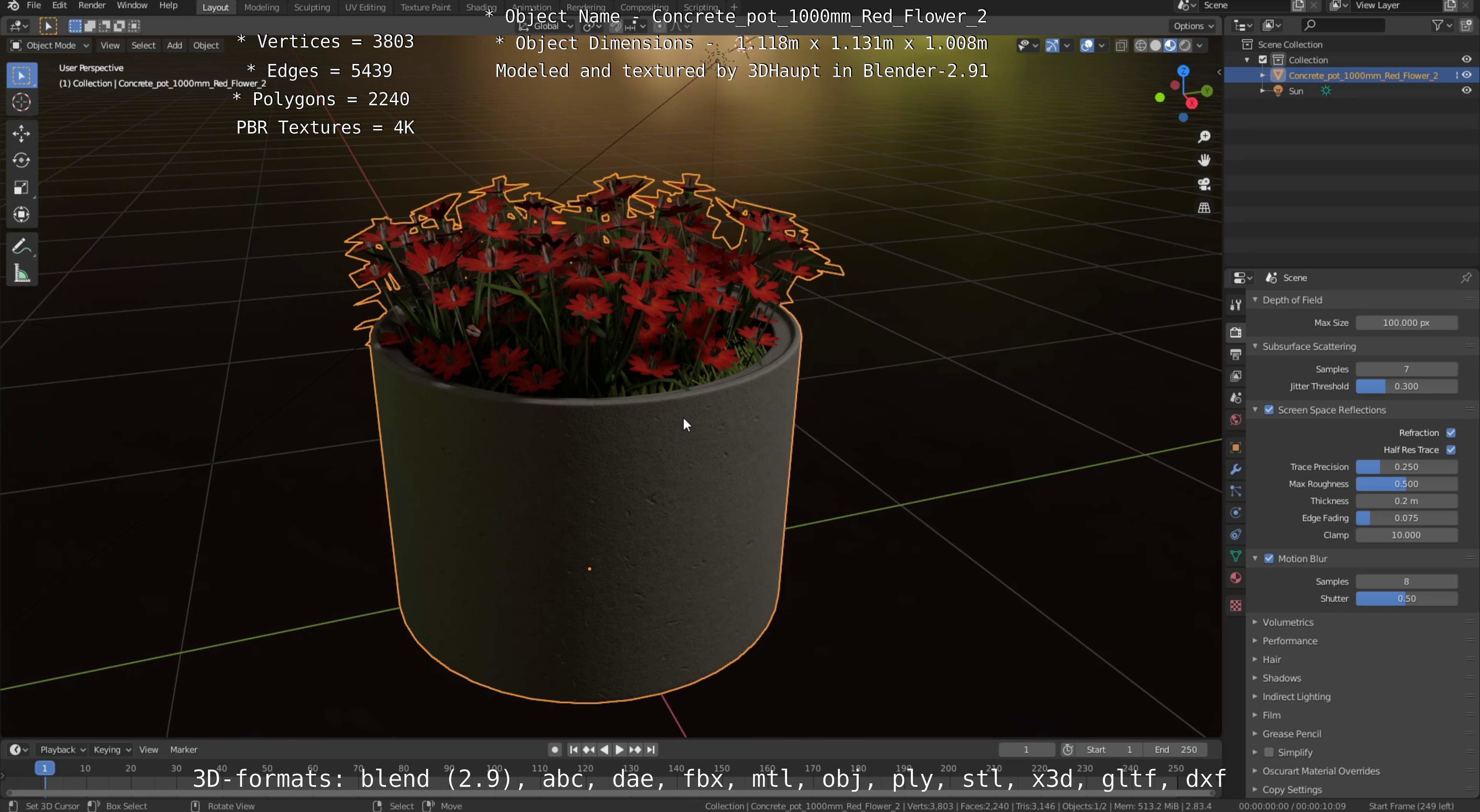 Concrete Pot 1000mm with Red Flowers Version 2 Low-poly 3D model_61