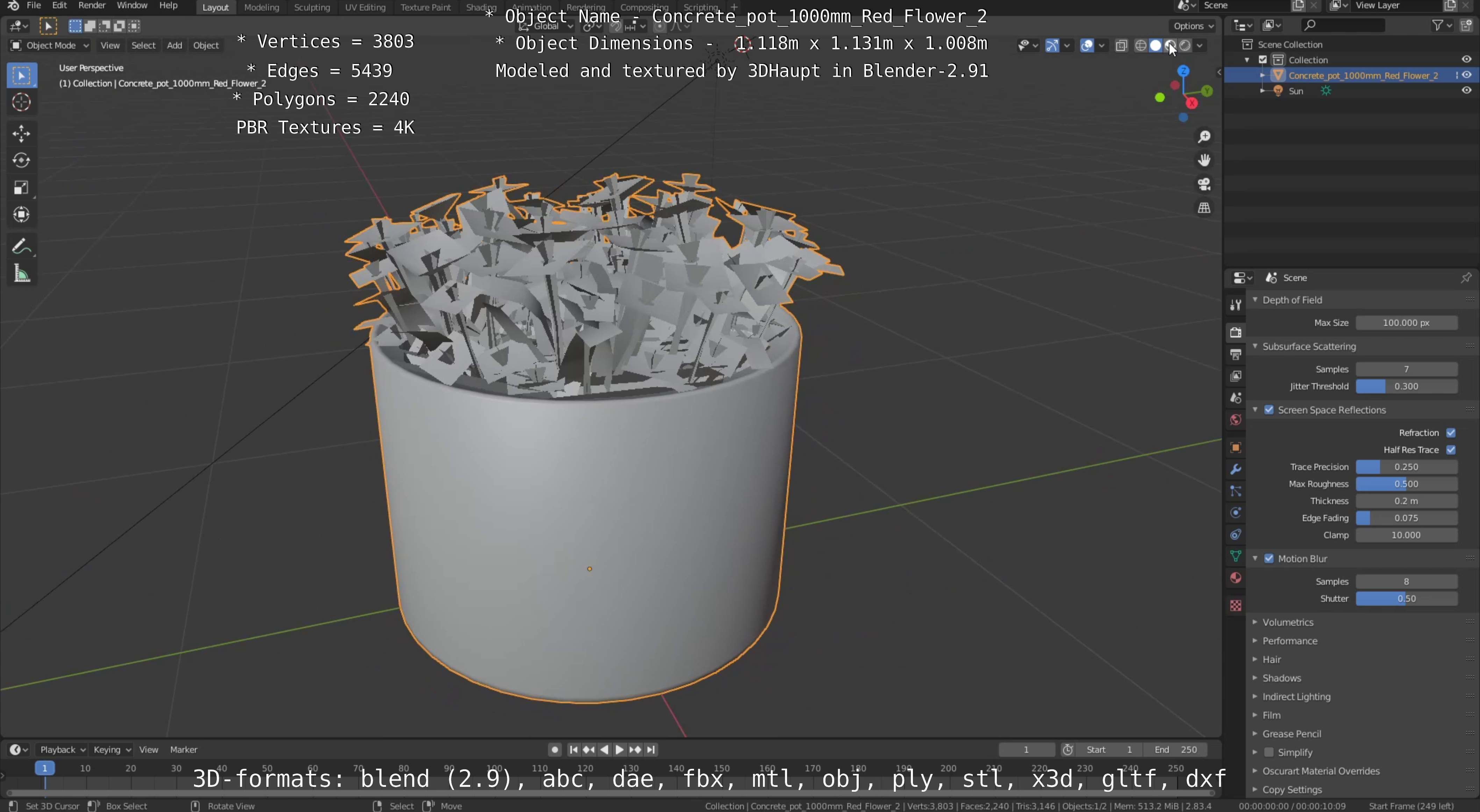 Concrete Pot 1000mm with Red Flowers Version 2 Low-poly 3D model_59