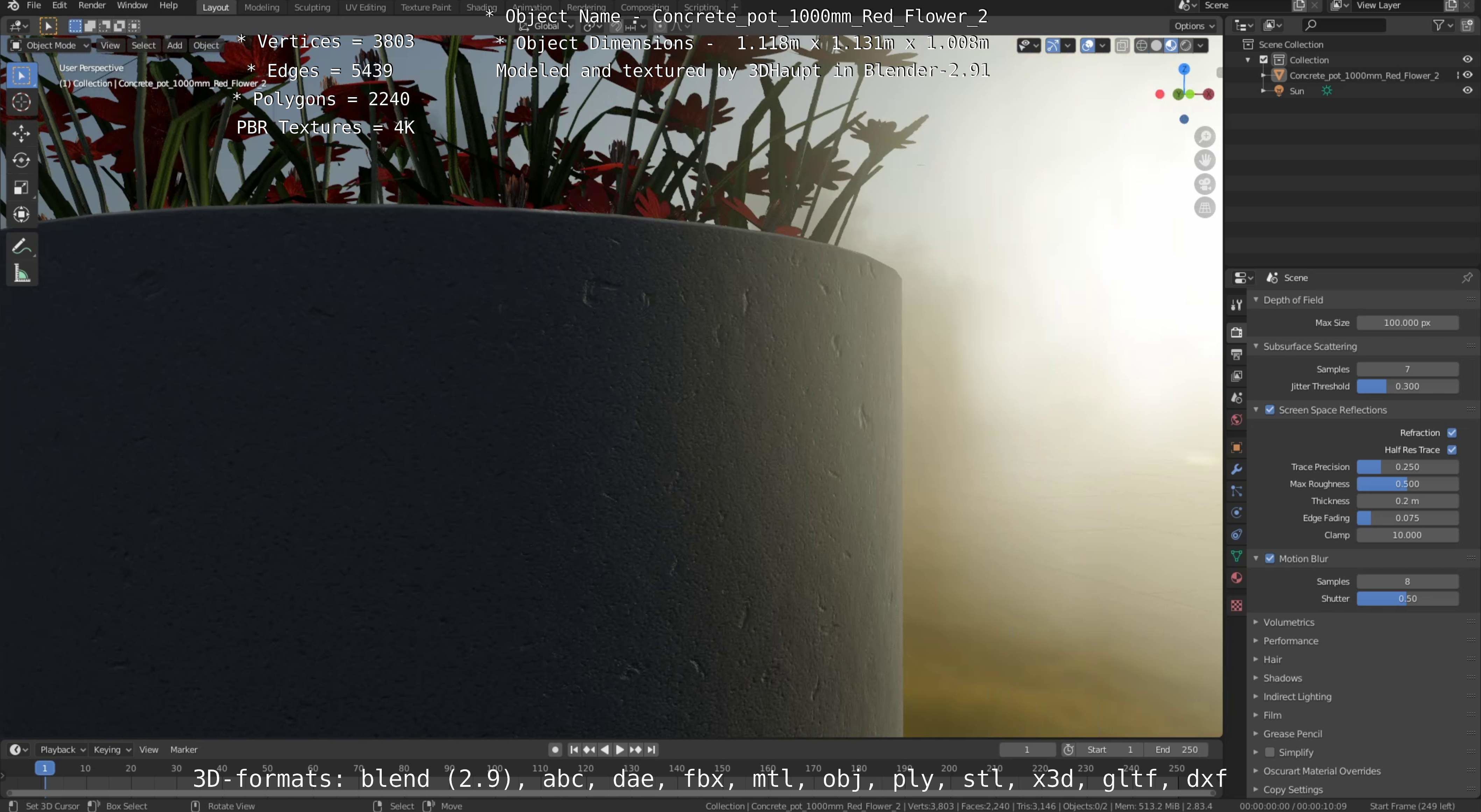 Concrete Pot 1000mm with Red Flowers Version 2 Low-poly 3D model_22