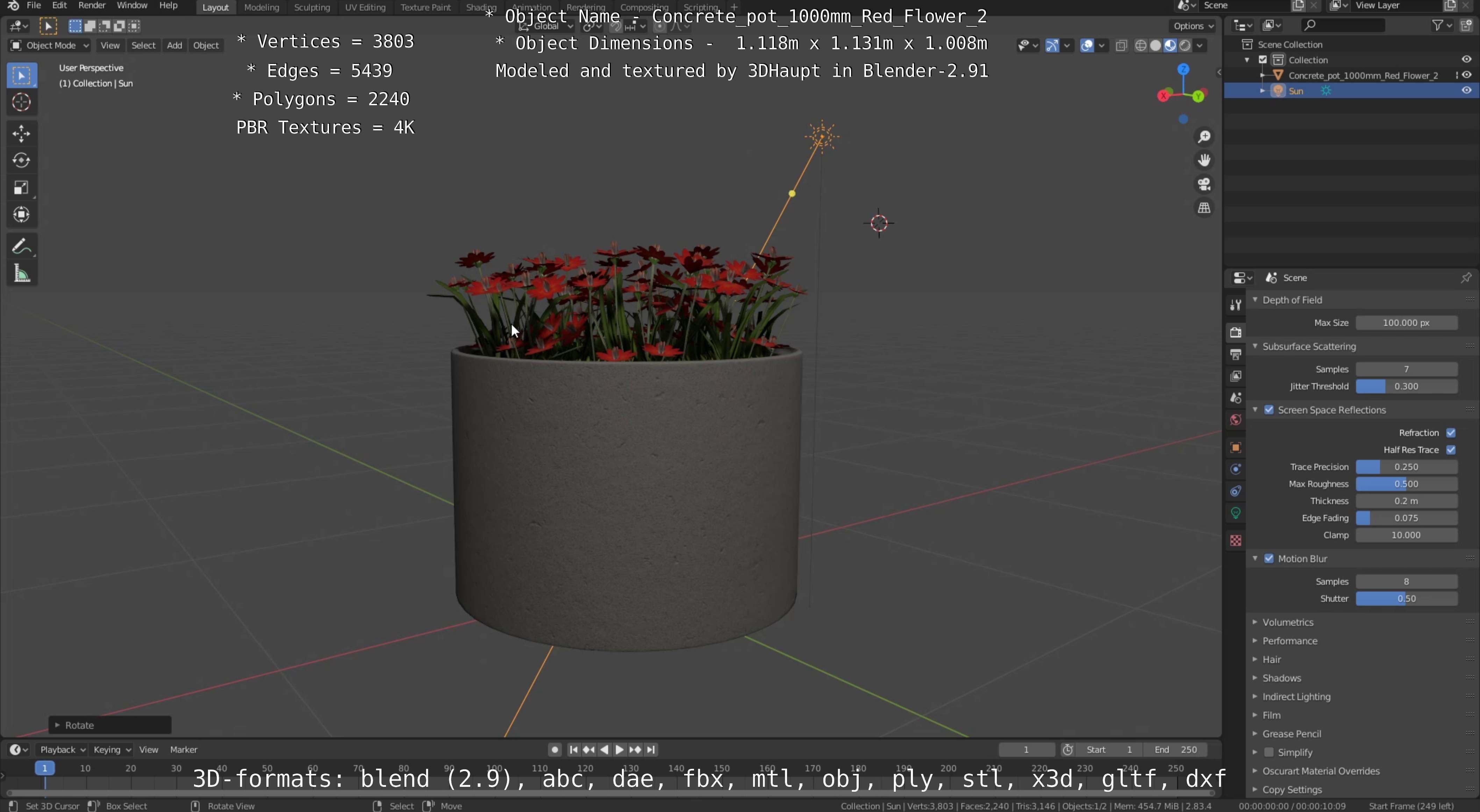 Concrete Pot 1000mm with Red Flowers Version 2 Low-poly 3D model_93