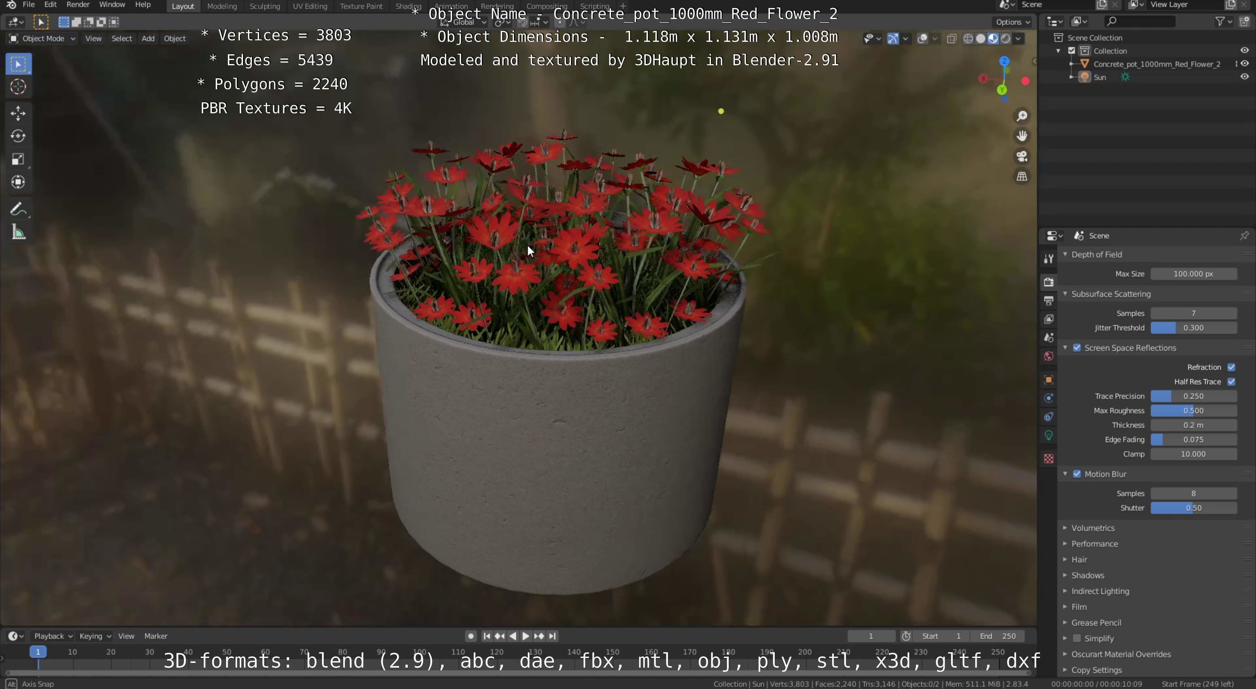 Concrete Pot 1000mm with Red Flowers Version 2 Low-poly 3D model_26
