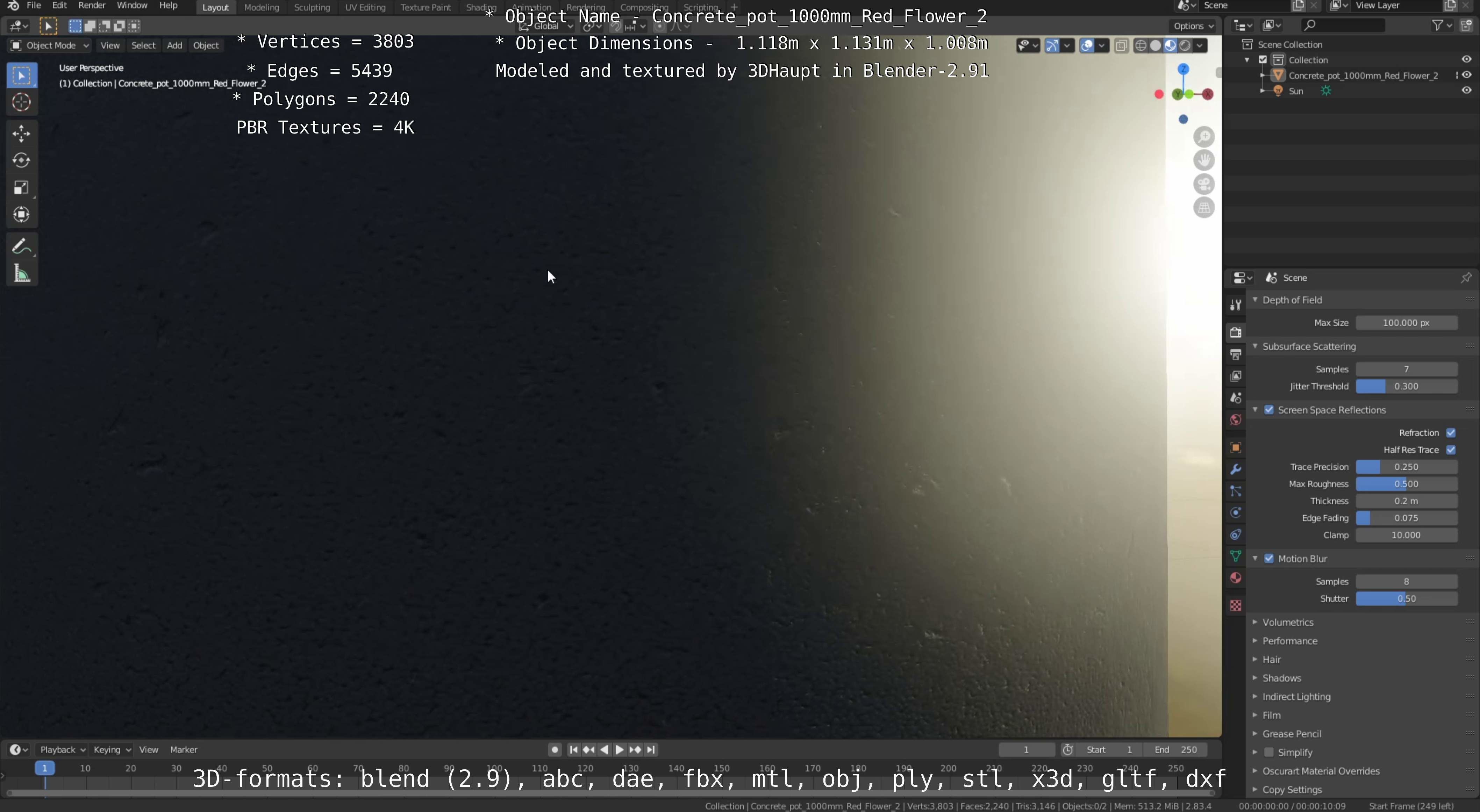 Concrete Pot 1000mm with Red Flowers Version 2 Low-poly 3D model_12