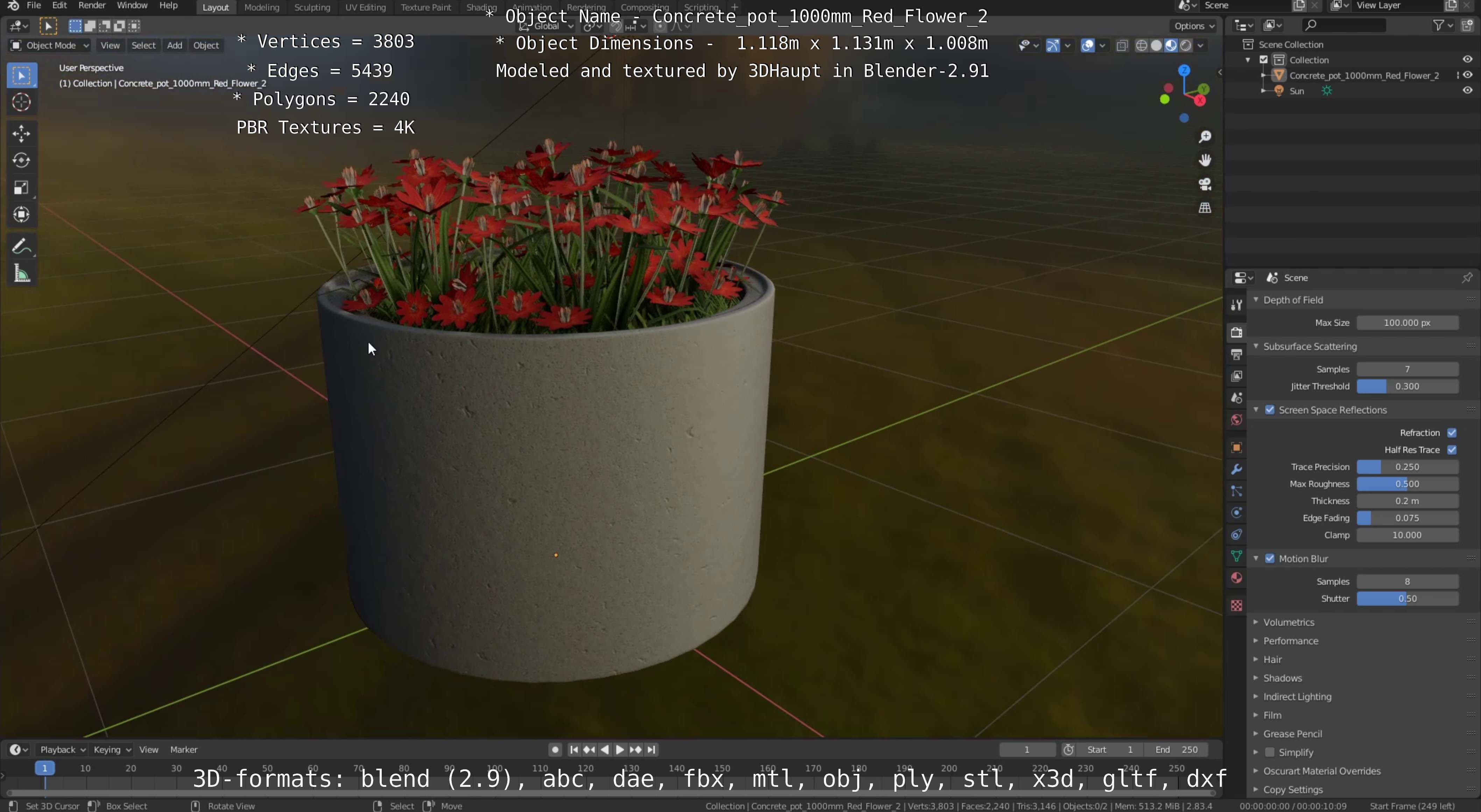 Concrete Pot 1000mm with Red Flowers Version 2 Low-poly 3D model_7