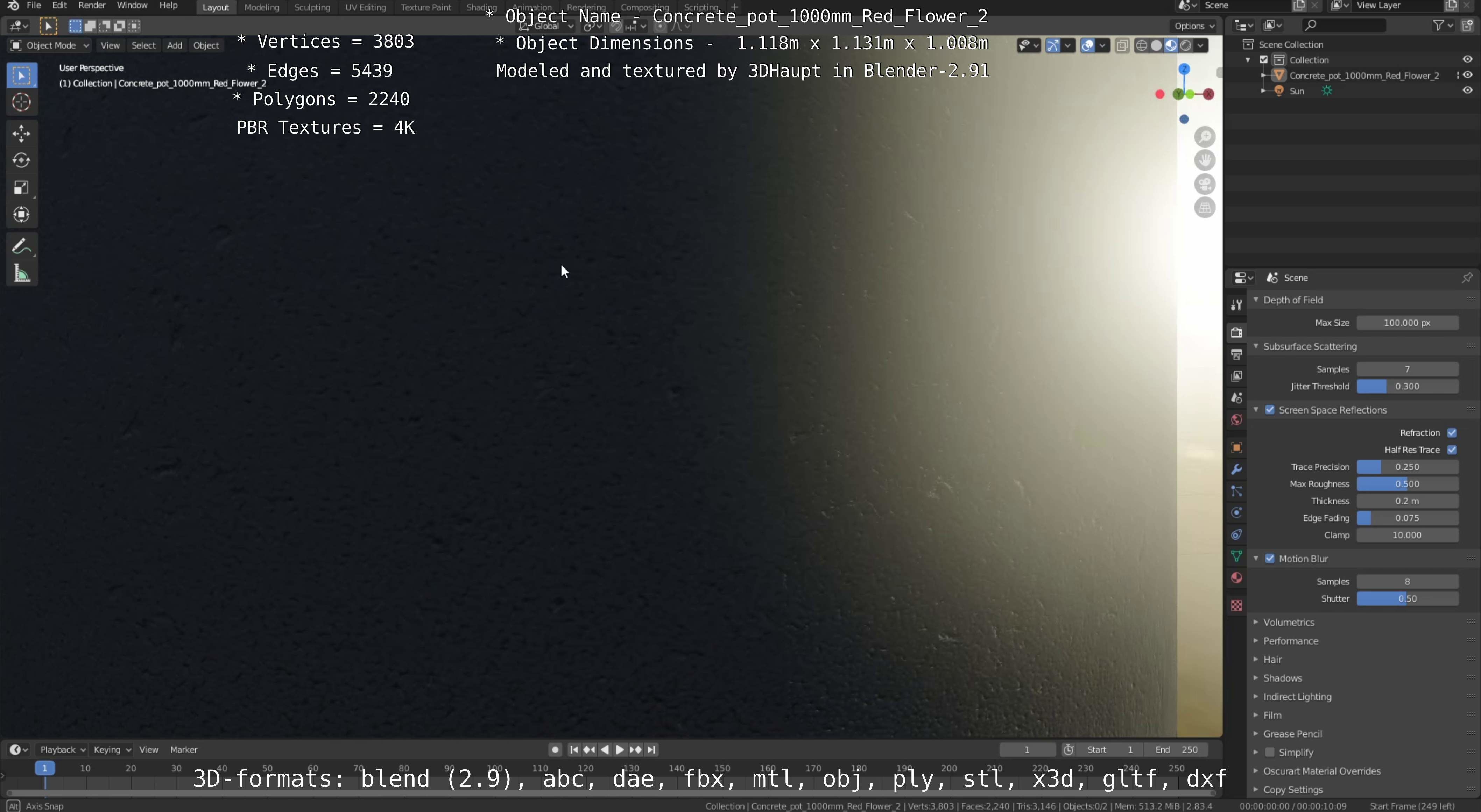 Concrete Pot 1000mm with Red Flowers Version 2 Low-poly 3D model_8