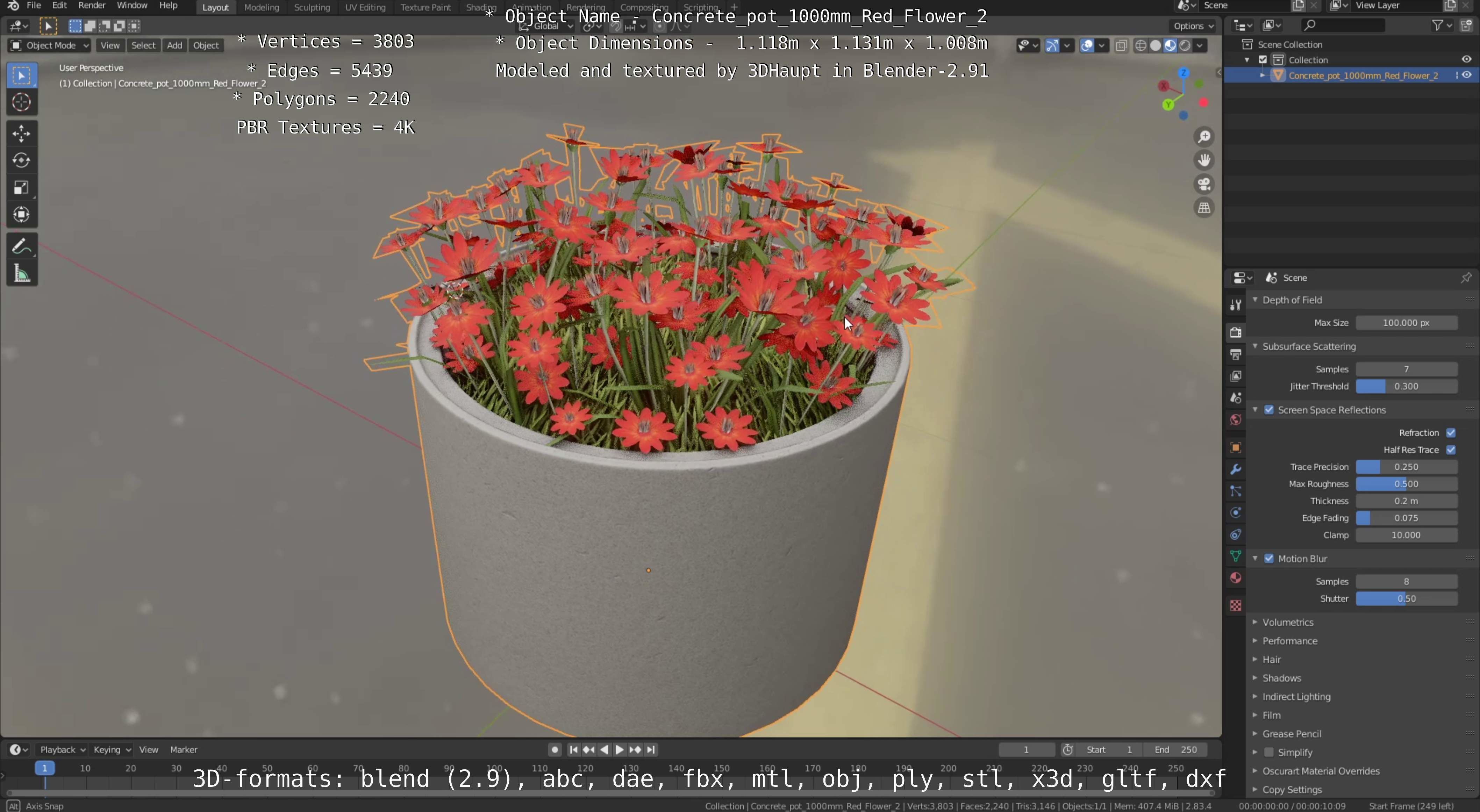 Concrete Pot 1000mm with Red Flowers Version 2 Low-poly 3D model_71