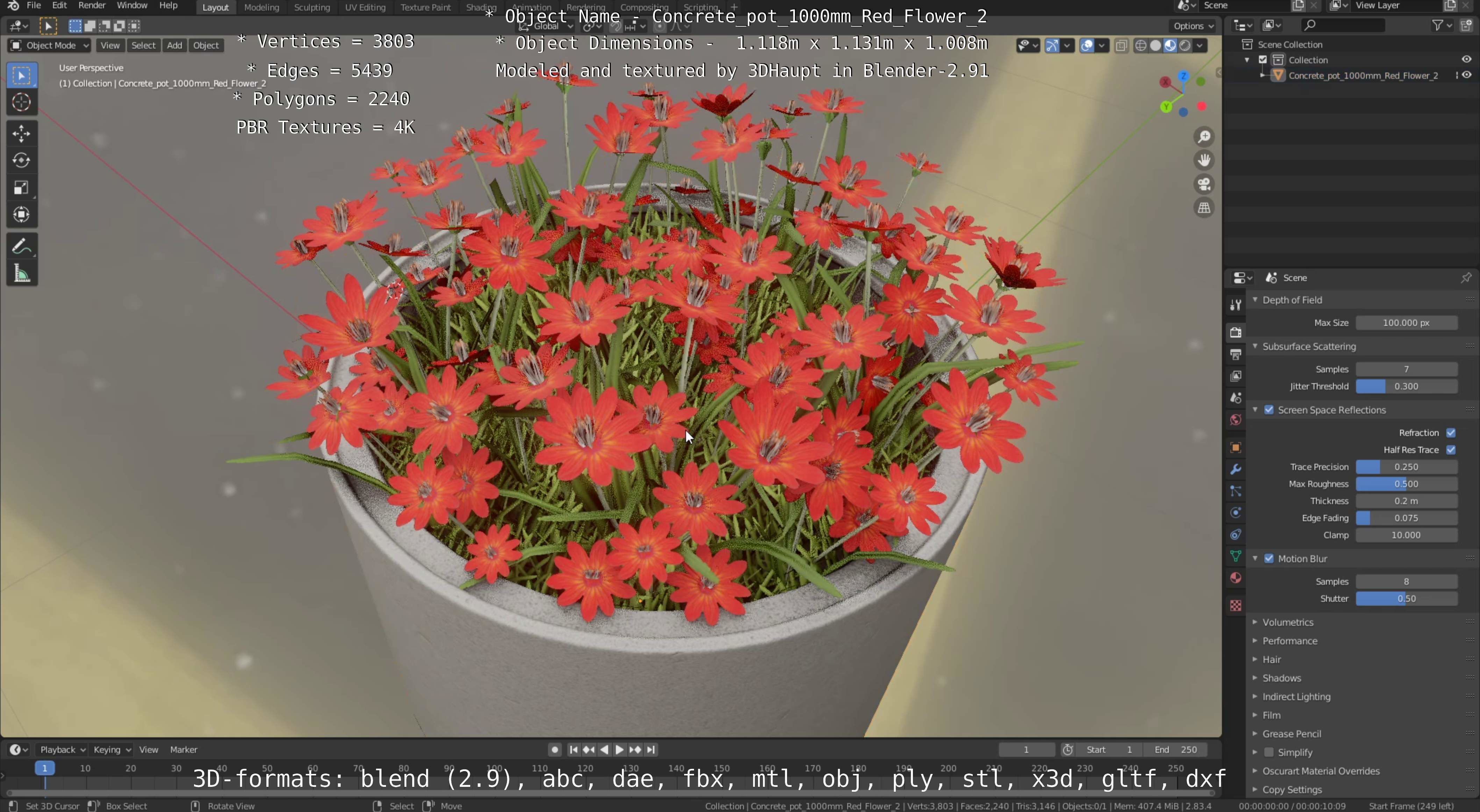 Concrete Pot 1000mm with Red Flowers Version 2 Low-poly 3D model_74