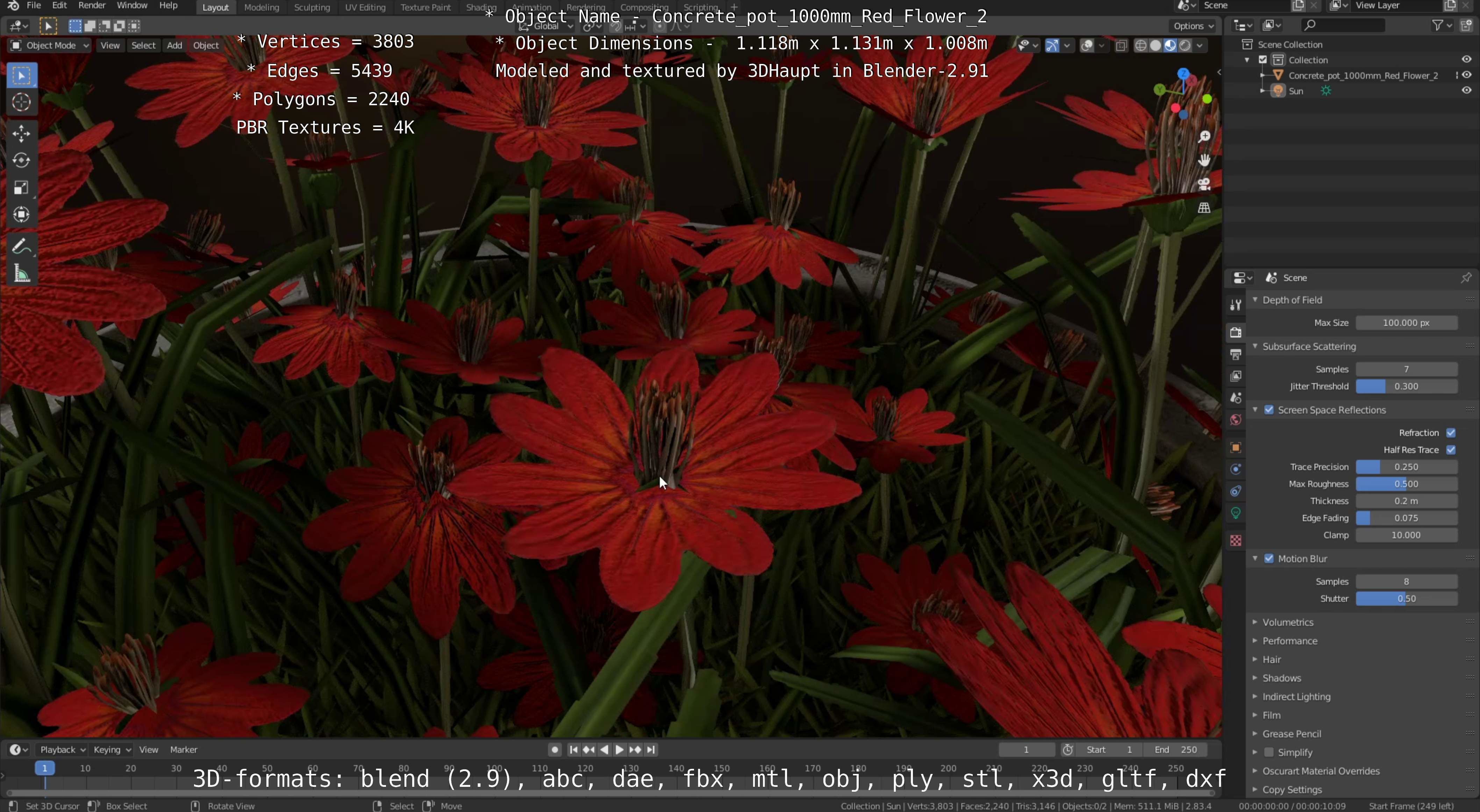 Concrete Pot 1000mm with Red Flowers Version 2 Low-poly 3D model_43