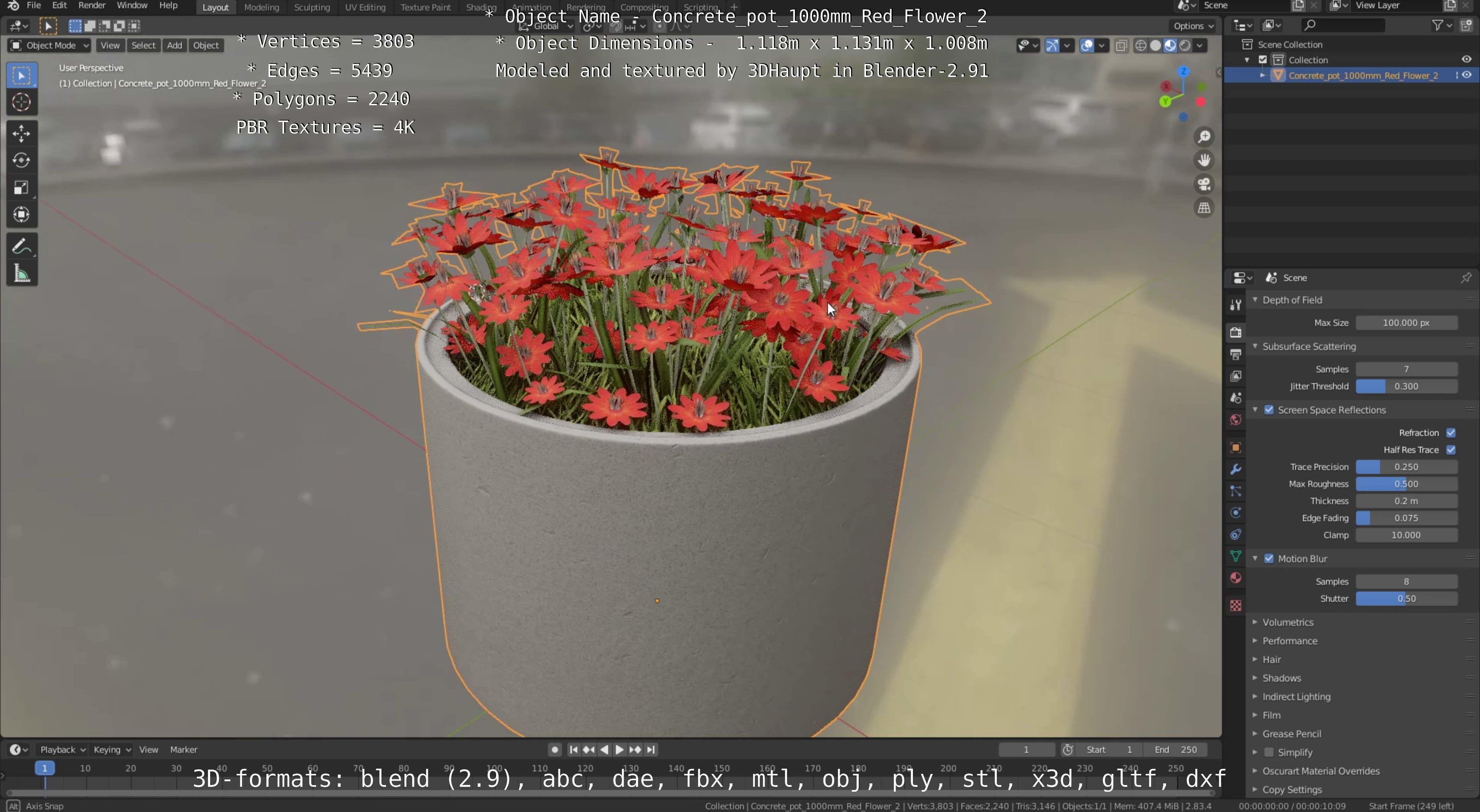 Concrete Pot 1000mm with Red Flowers Version 2 Low-poly 3D model_72