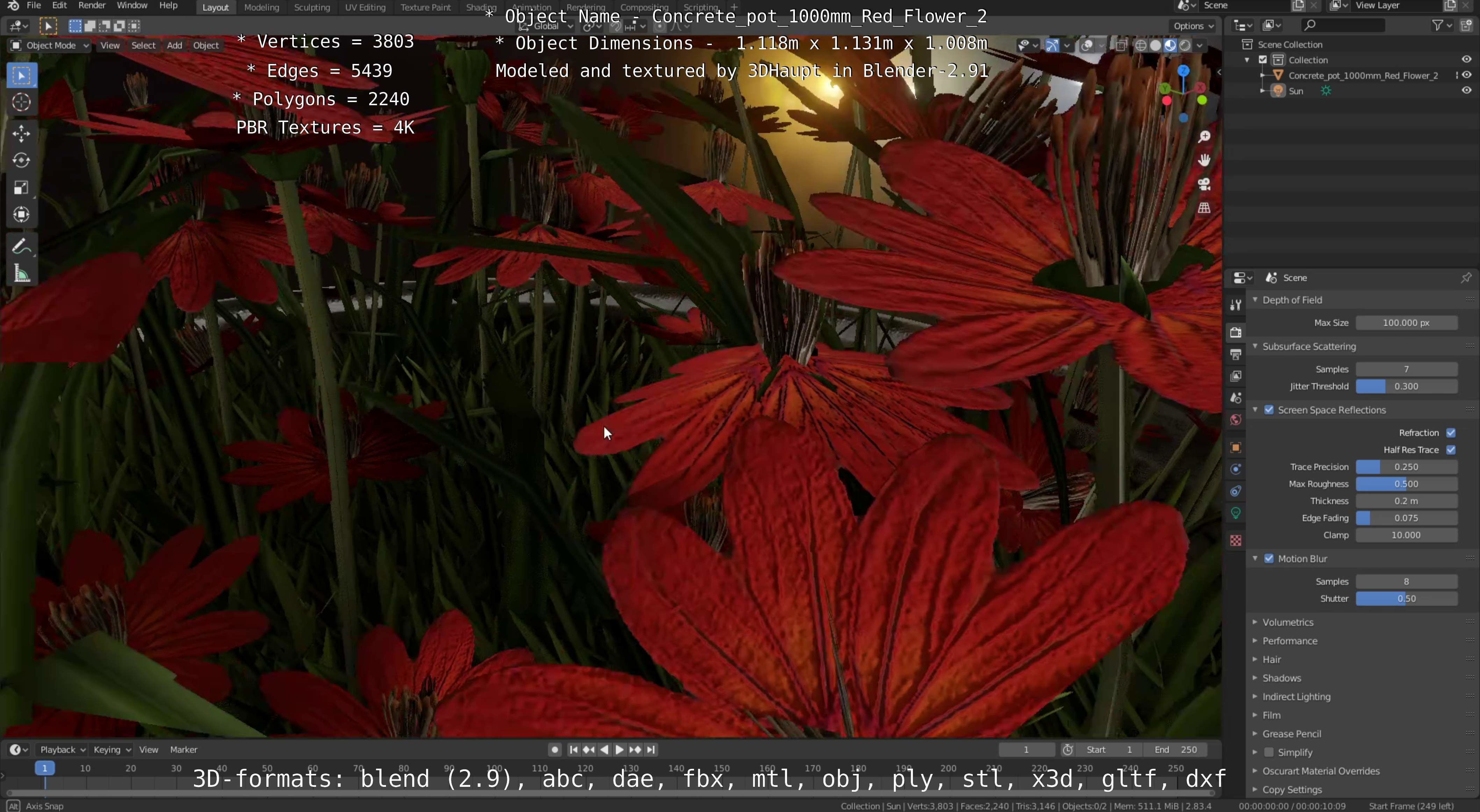 Concrete Pot 1000mm with Red Flowers Version 2 Low-poly 3D model_44