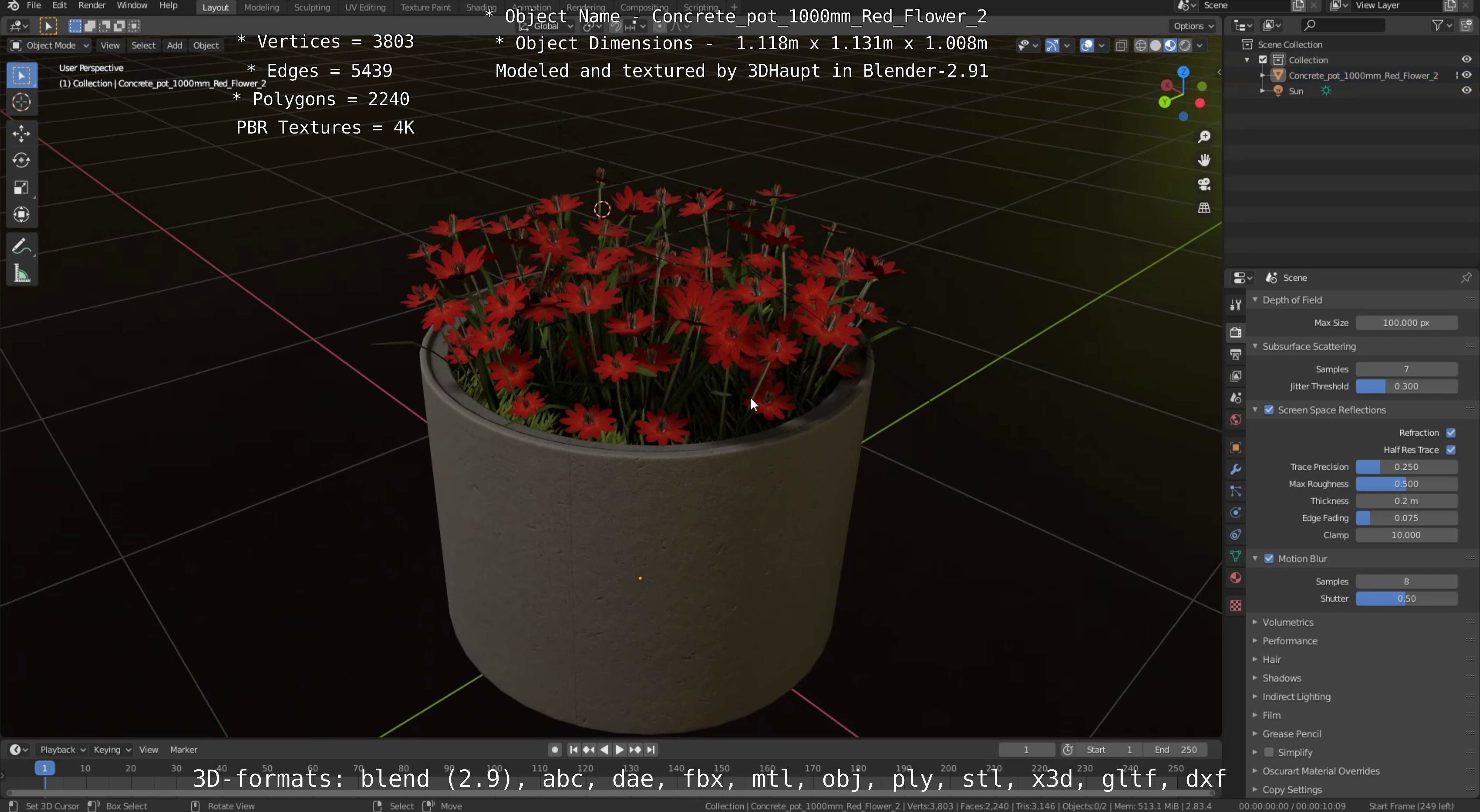 Concrete Pot 1000mm with Red Flowers Version 2 Low-poly 3D model_3