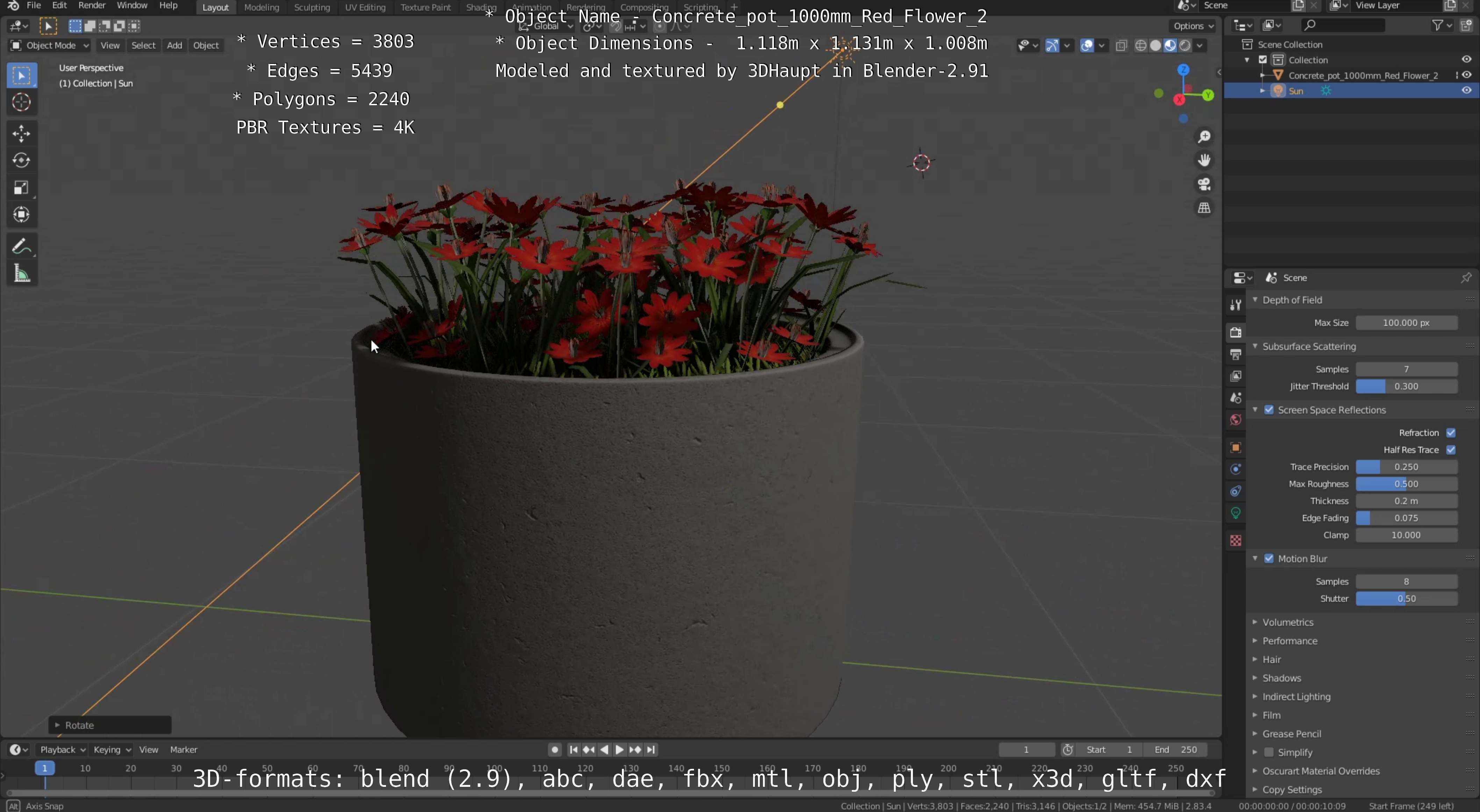 Concrete Pot 1000mm with Red Flowers Version 2 Low-poly 3D model_99