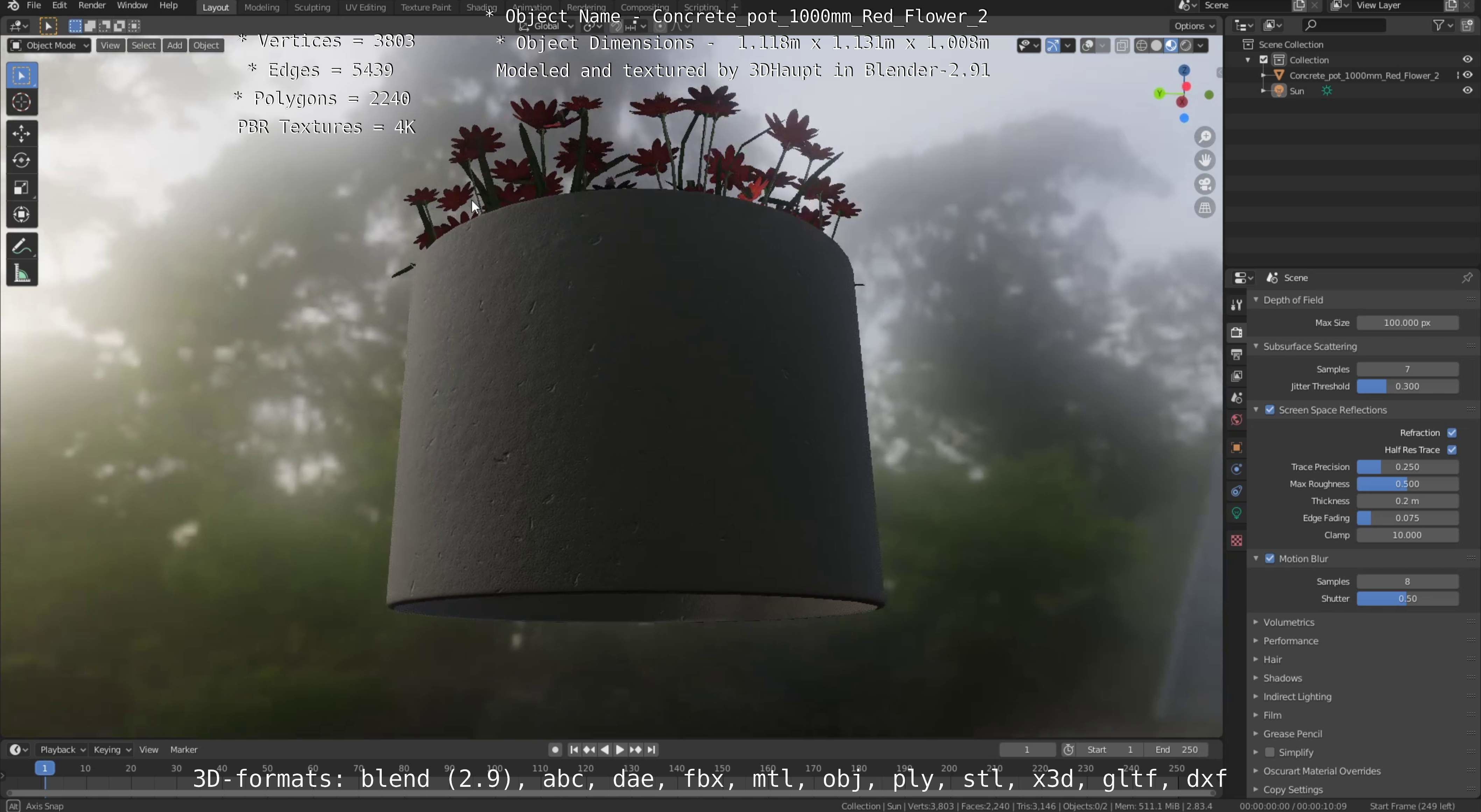 Concrete Pot 1000mm with Red Flowers Version 2 Low-poly 3D model_32