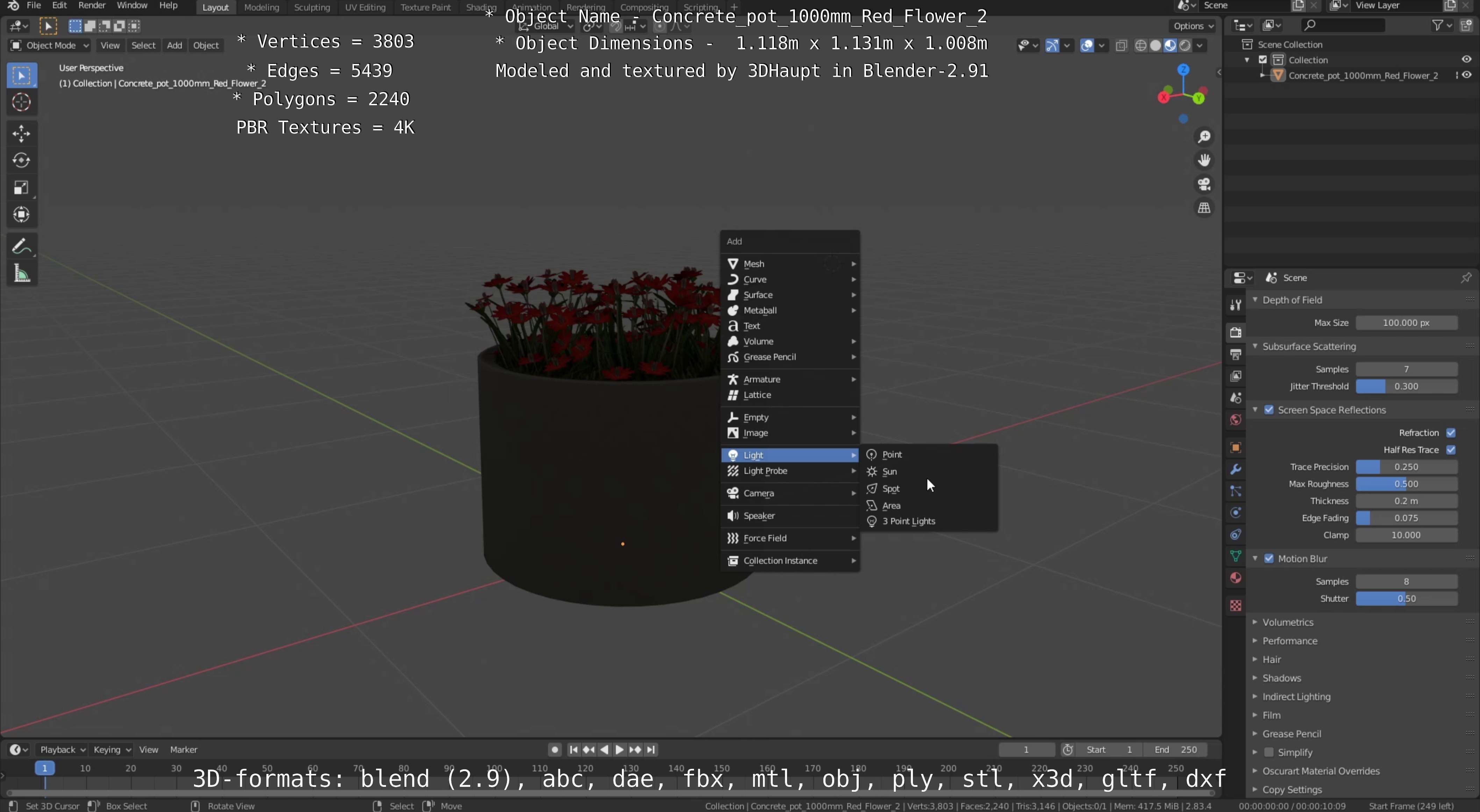 Concrete Pot 1000mm with Red Flowers Version 2 Low-poly 3D model_85
