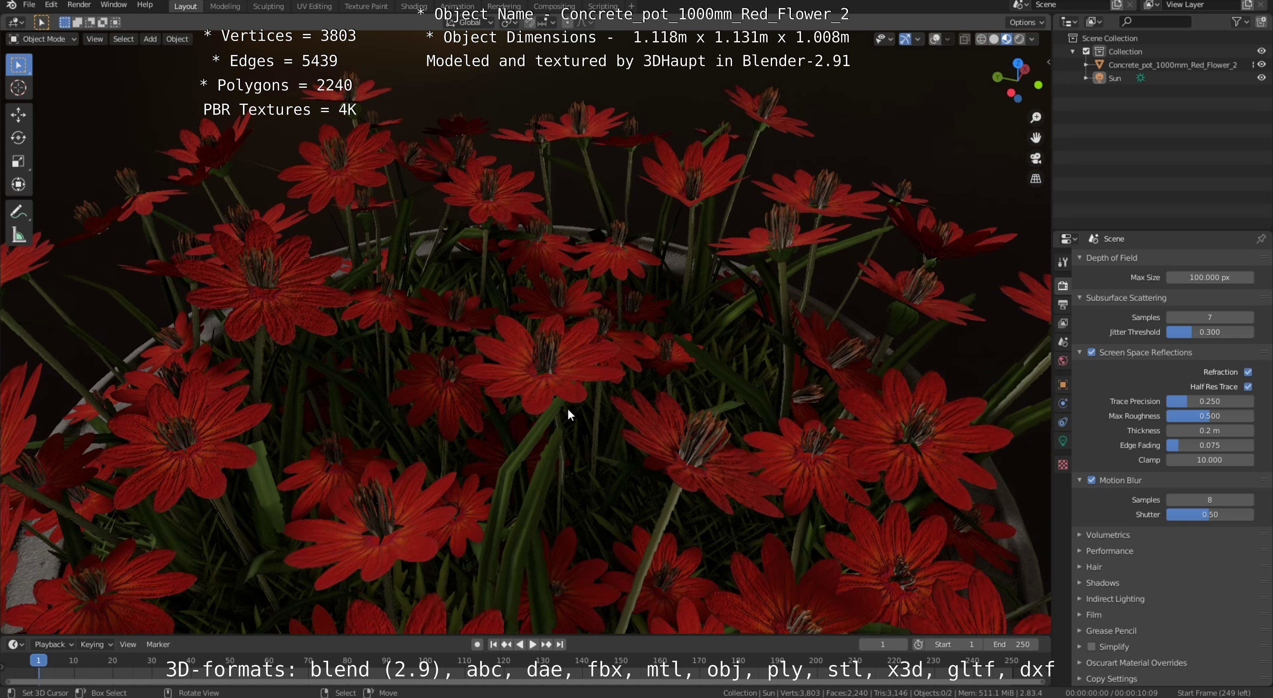 Concrete Pot 1000mm with Red Flowers Version 2 Low-poly 3D model_41