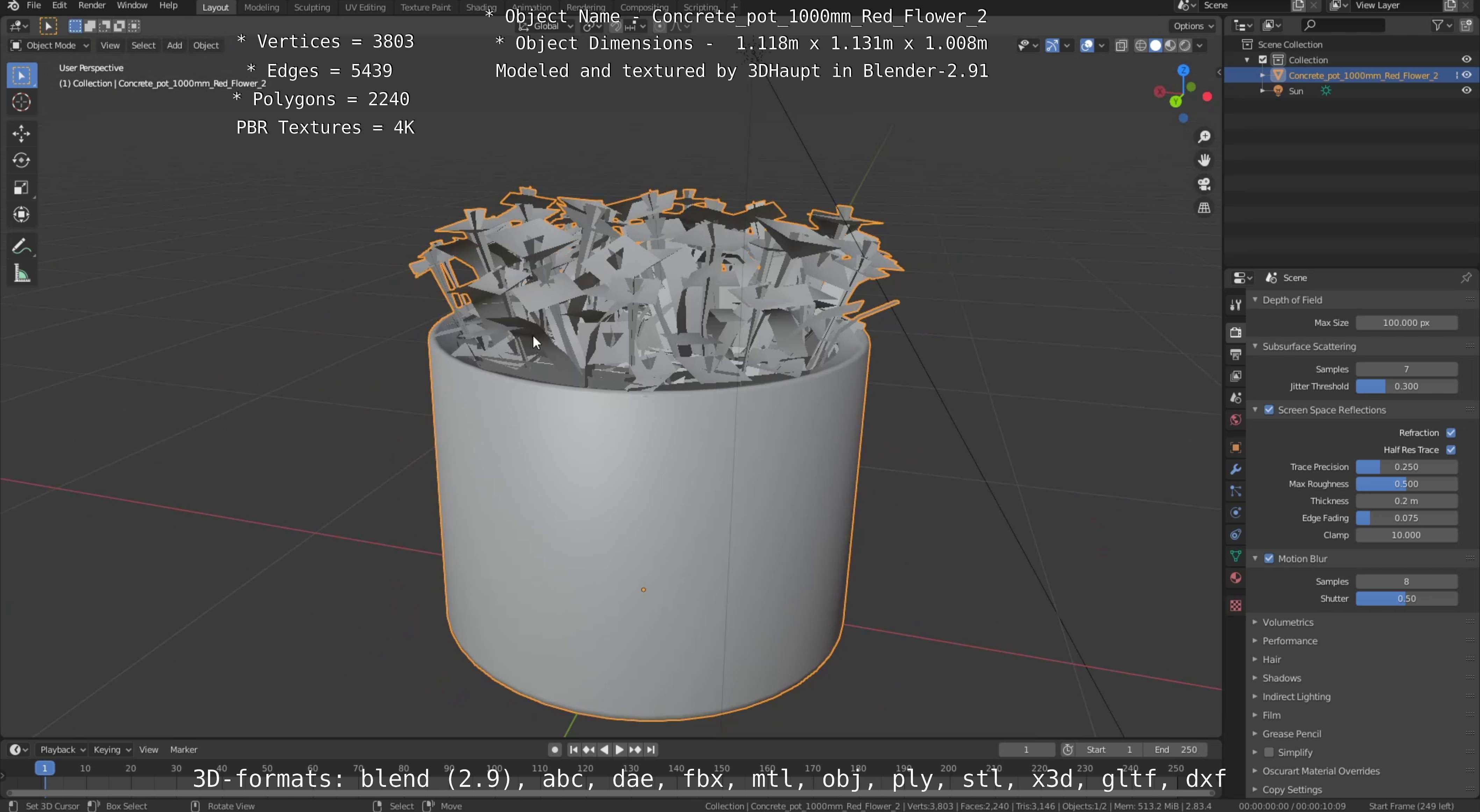 Concrete Pot 1000mm with Red Flowers Version 2 Low-poly 3D model_56