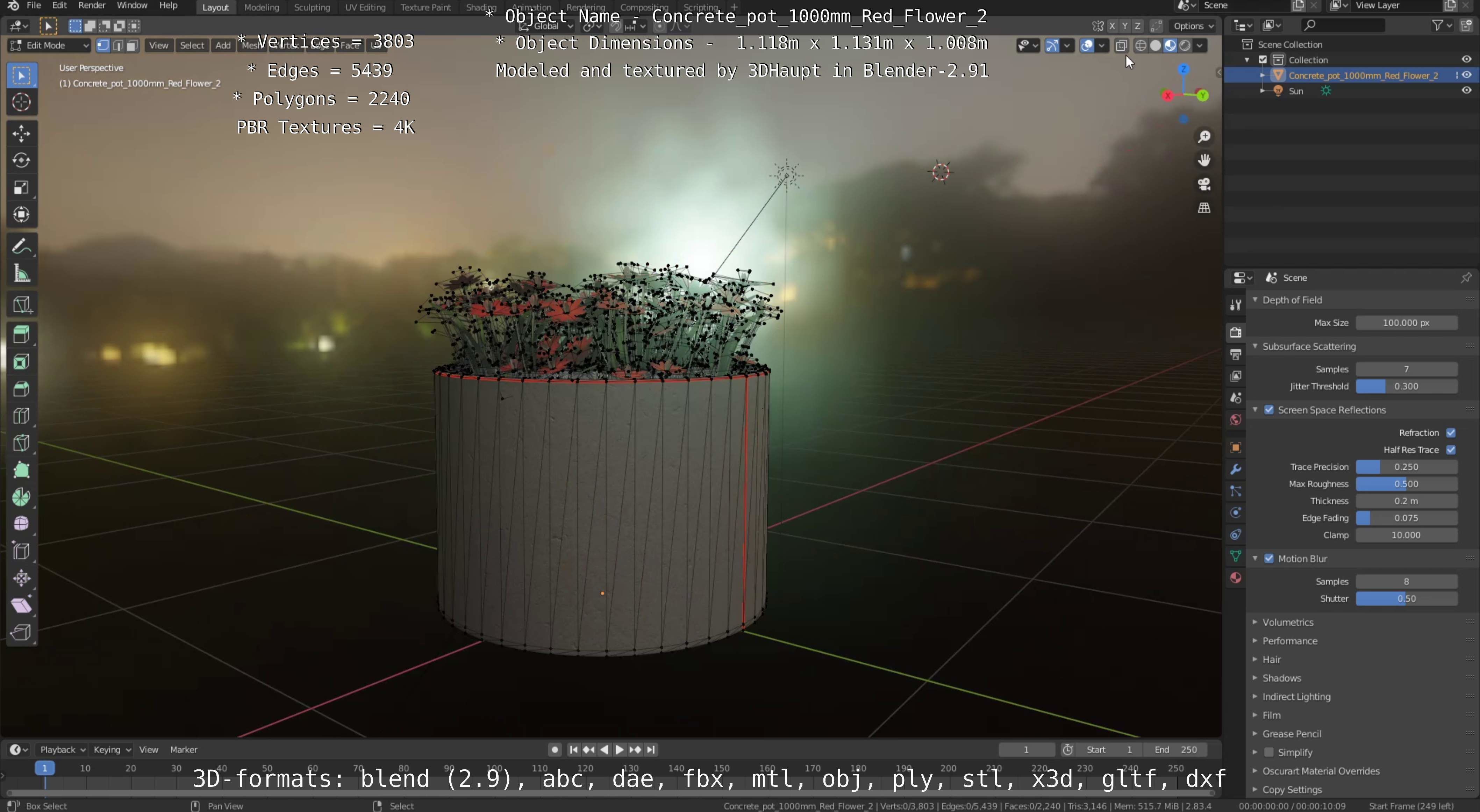 Concrete Pot 1000mm with Red Flowers Version 2 Low-poly 3D model_51