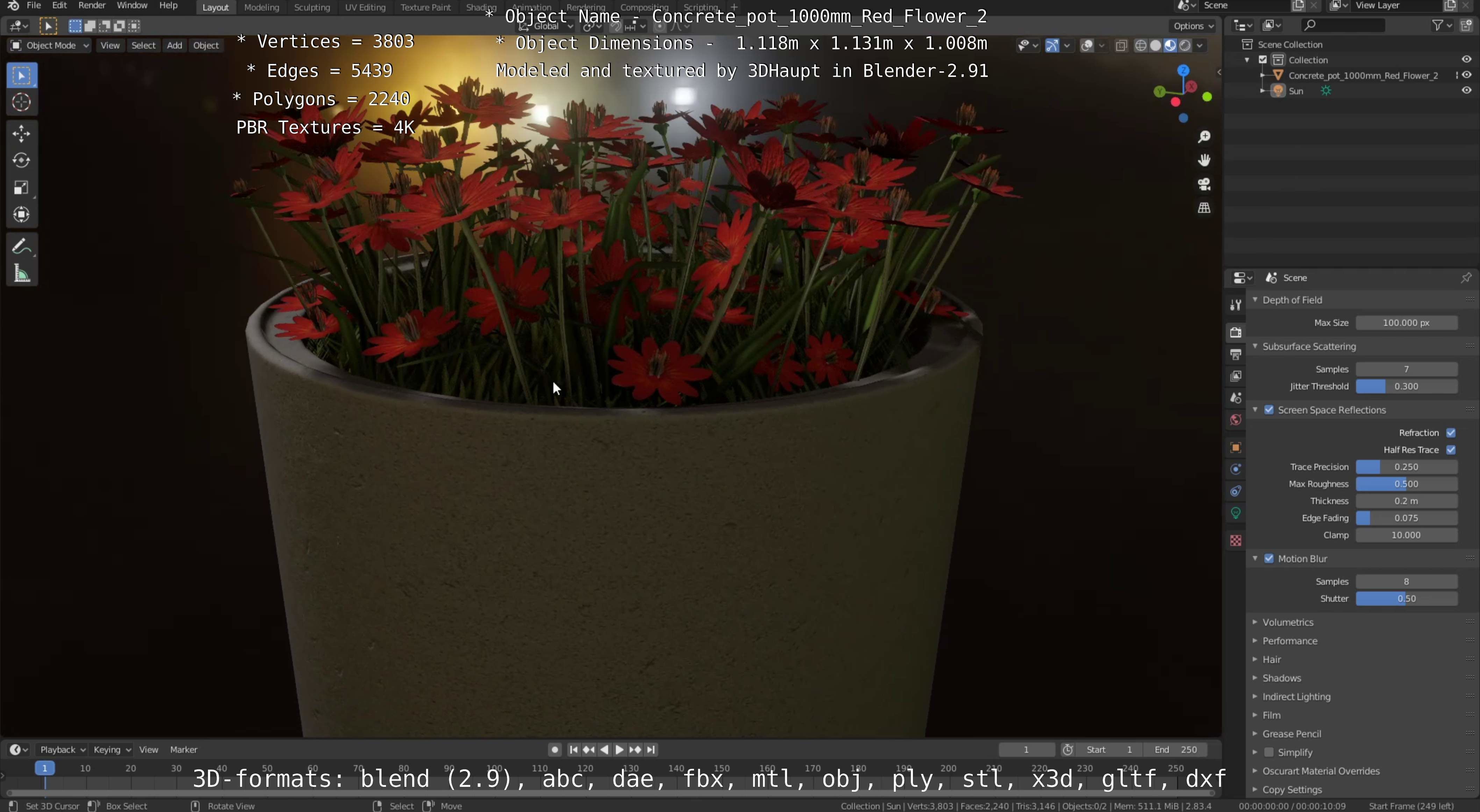 Concrete Pot 1000mm with Red Flowers Version 2 Low-poly 3D model_38