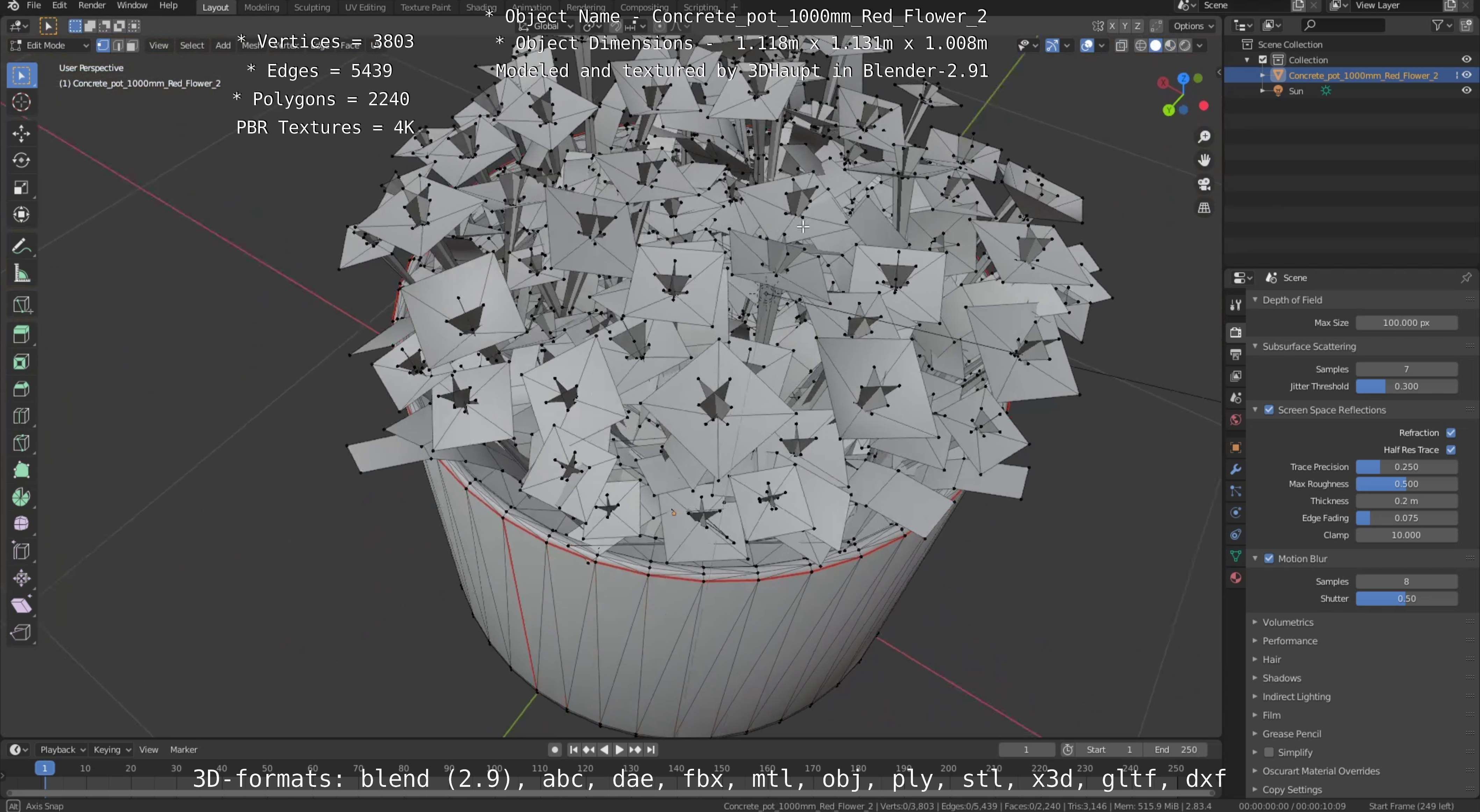 Concrete Pot 1000mm with Red Flowers Version 2 Low-poly 3D model_60