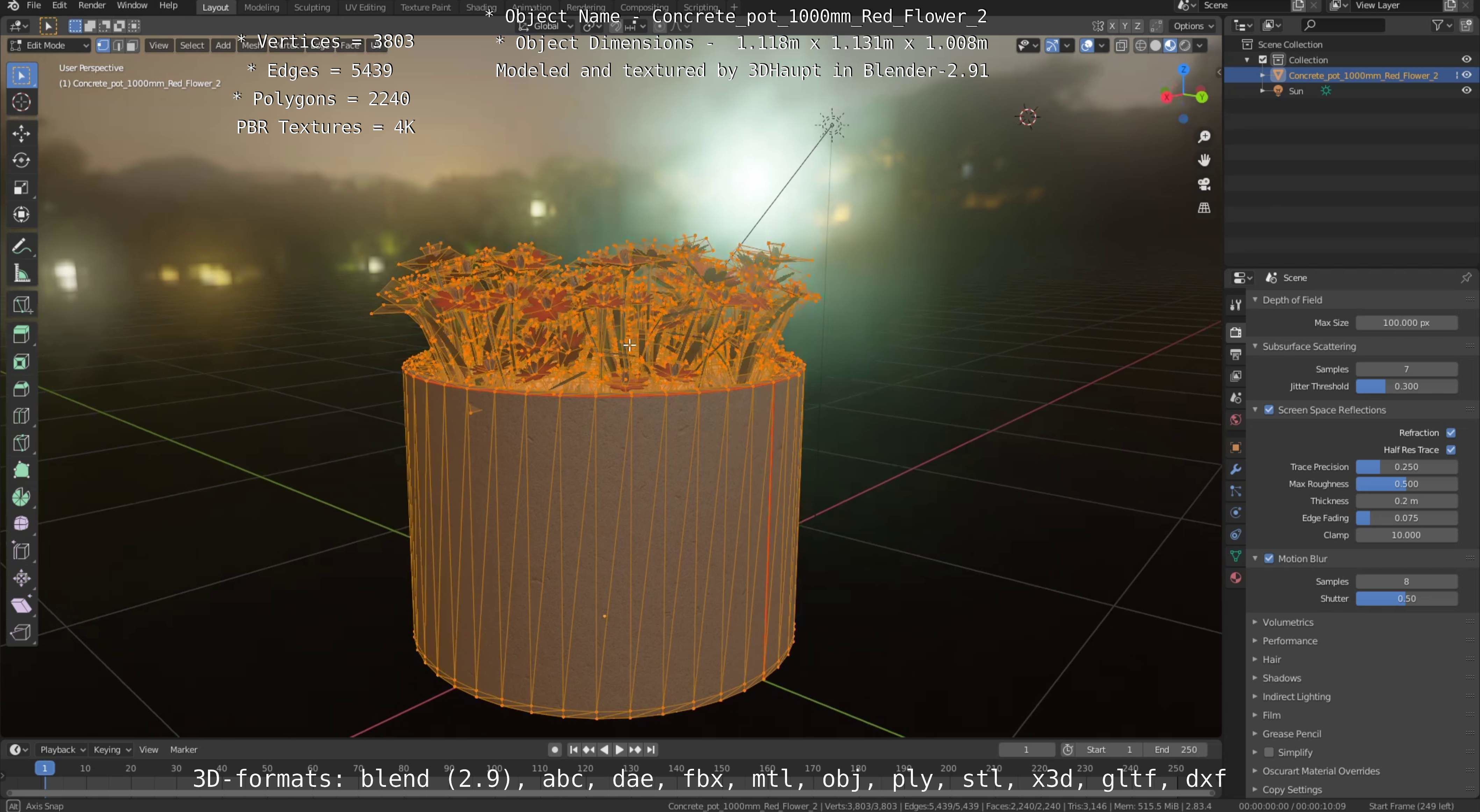 Concrete Pot 1000mm with Red Flowers Version 2 Low-poly 3D model_48