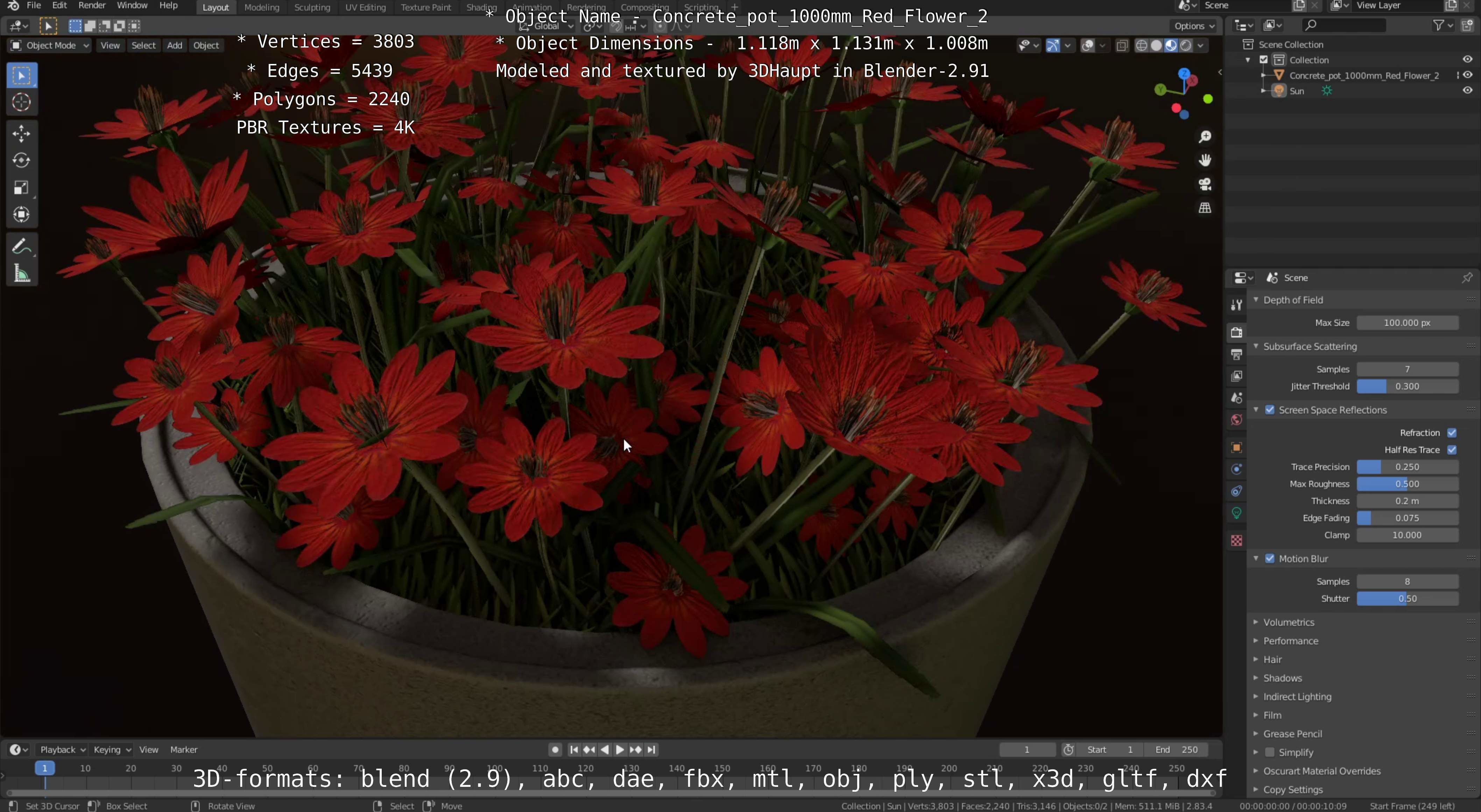 Concrete Pot 1000mm with Red Flowers Version 2 Low-poly 3D model_40
