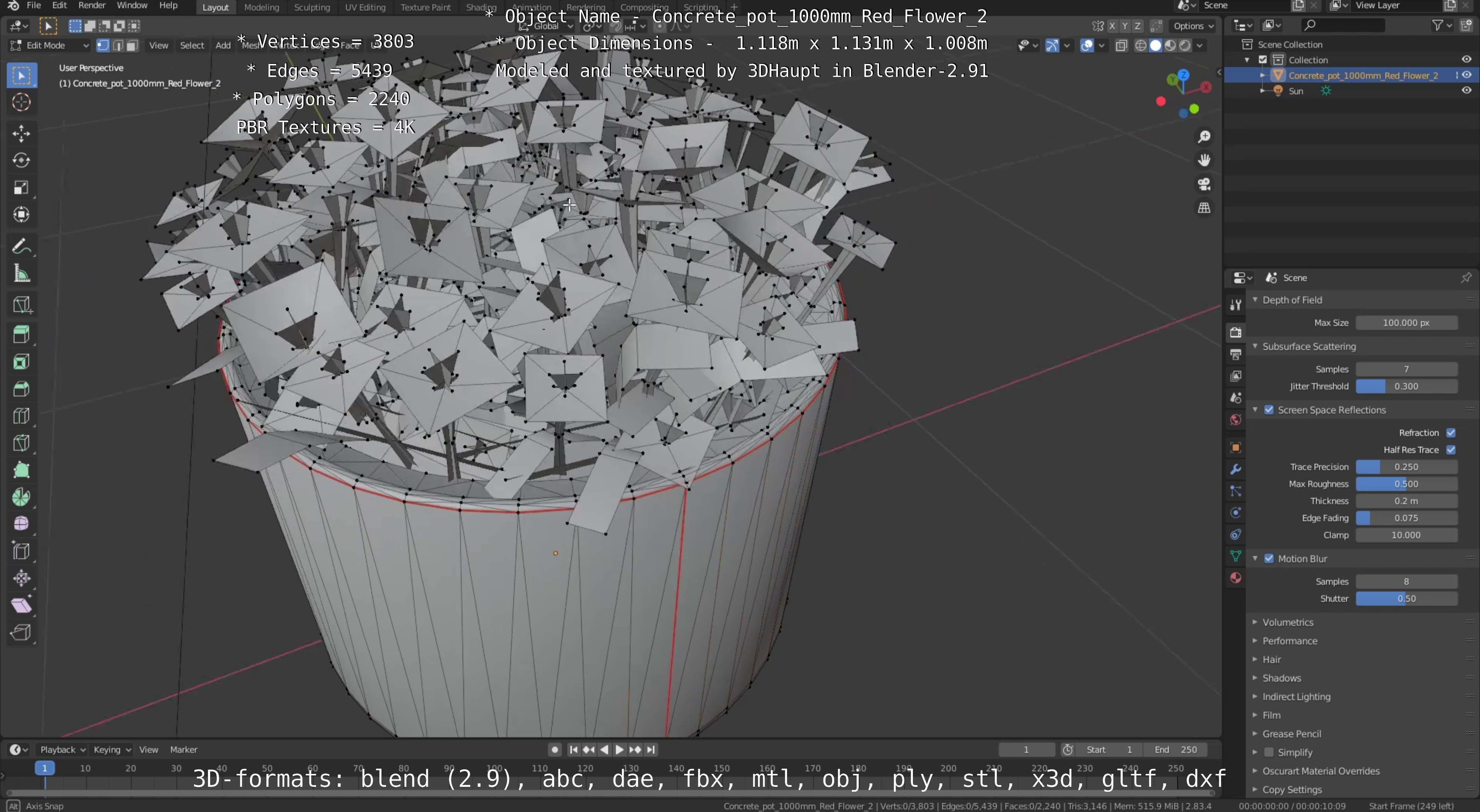 Concrete Pot 1000mm with Red Flowers Version 2 Low-poly 3D model_4