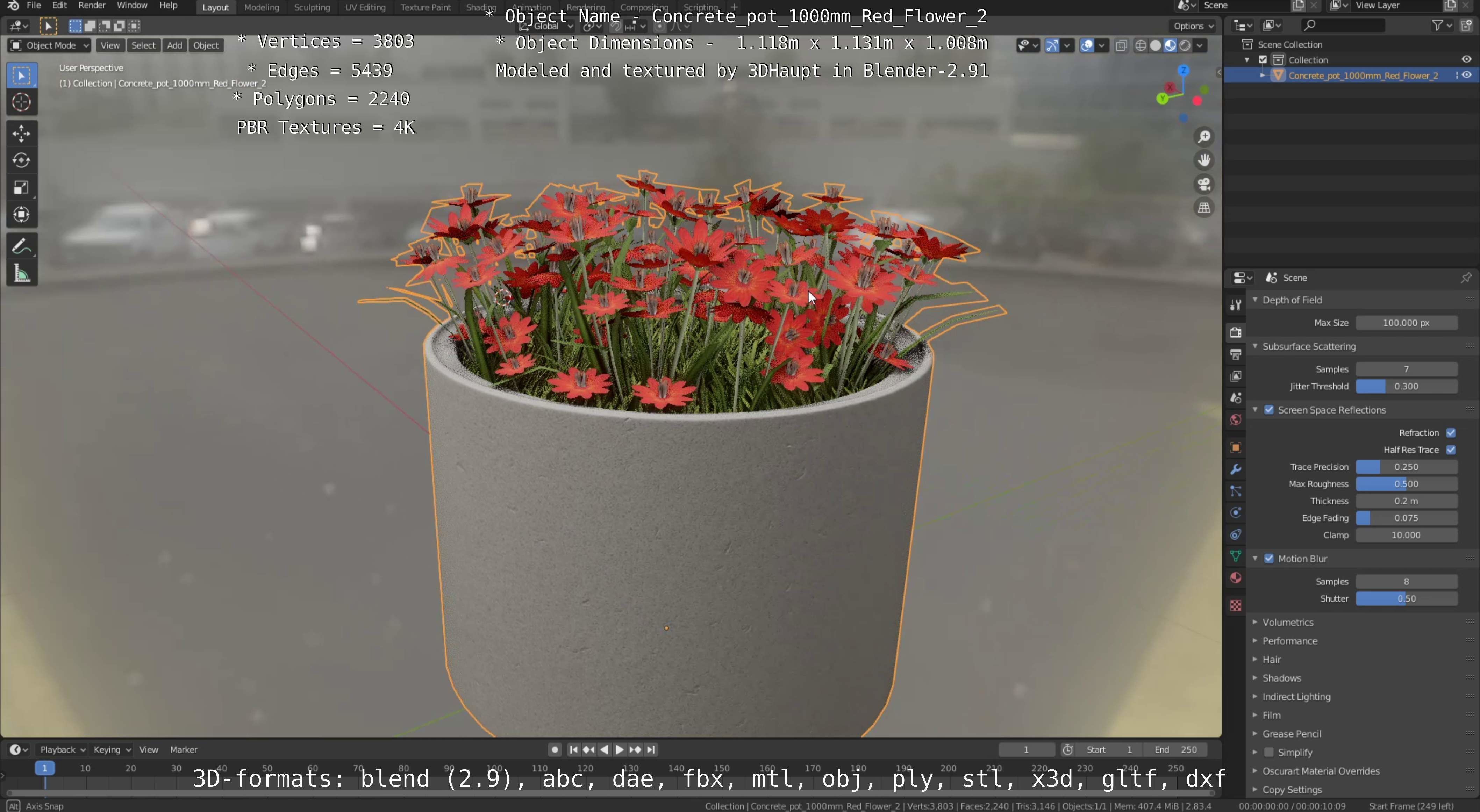 Concrete Pot 1000mm with Red Flowers Version 2 Low-poly 3D model_69