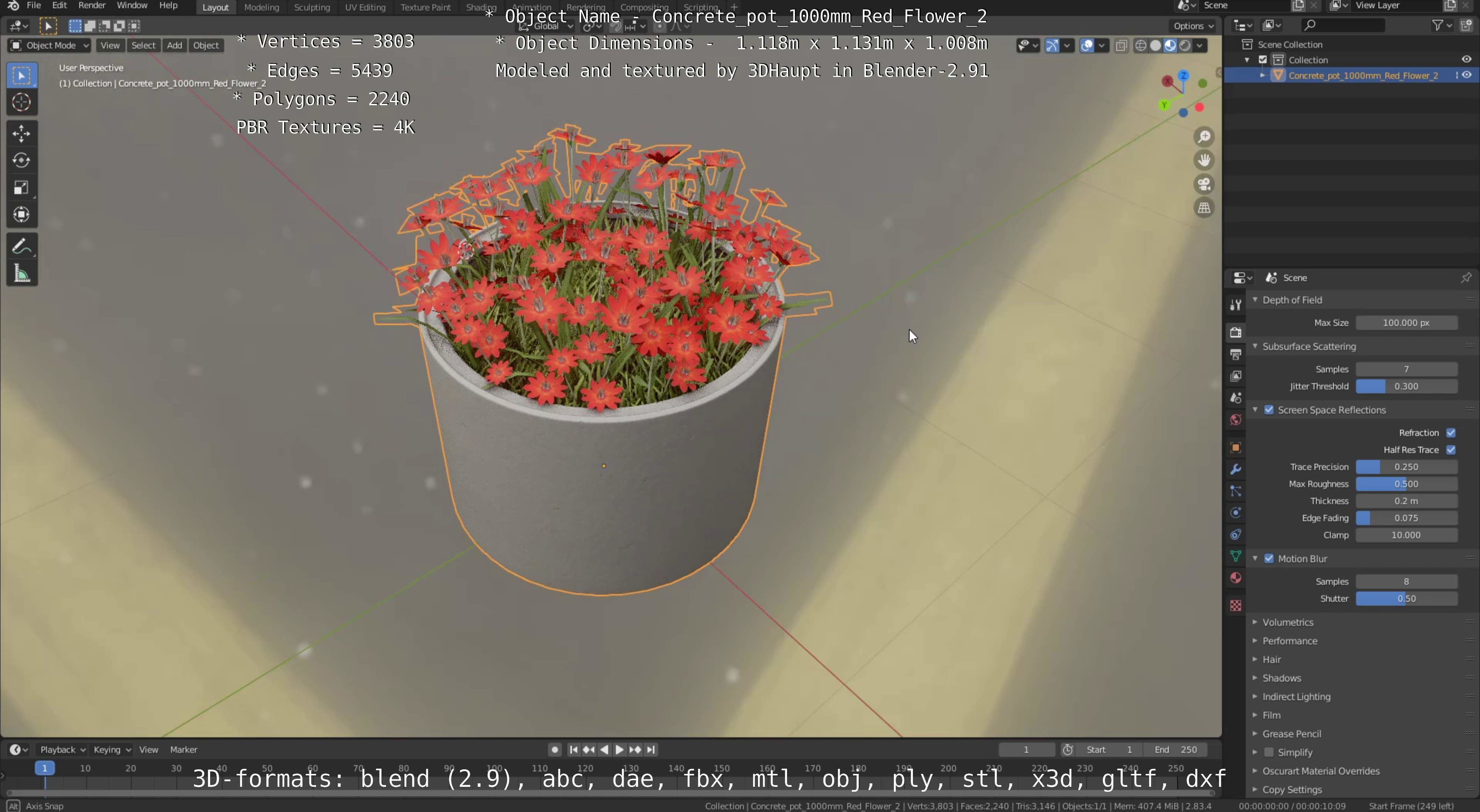 Concrete Pot 1000mm with Red Flowers Version 2 Low-poly 3D model_70