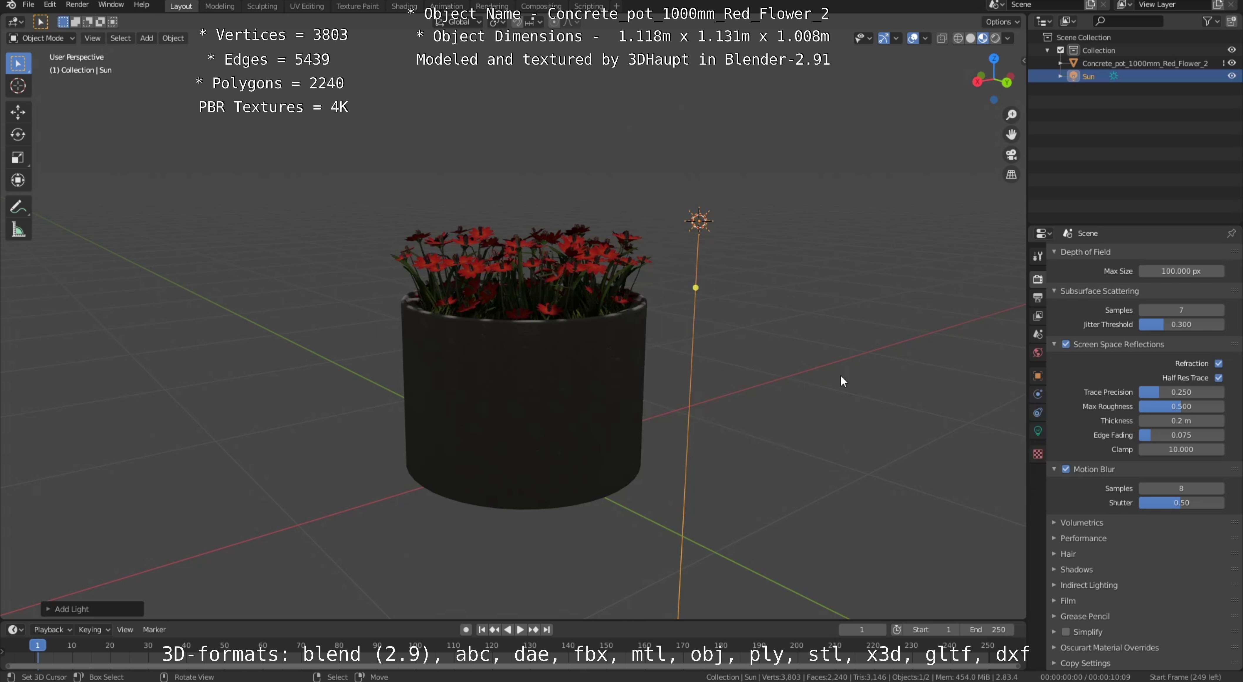 Concrete Pot 1000mm with Red Flowers Version 2 Low-poly 3D model_91