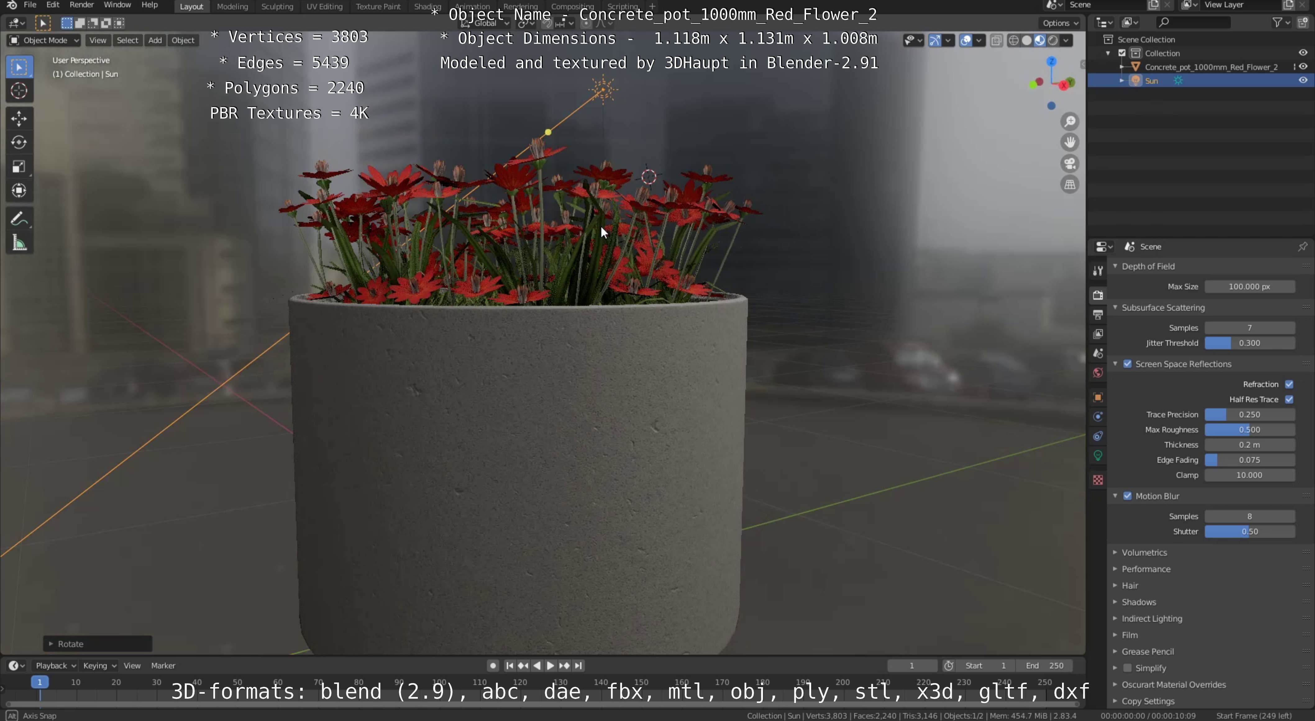 Concrete Pot 1000mm with Red Flowers Version 2 Low-poly 3D model_21