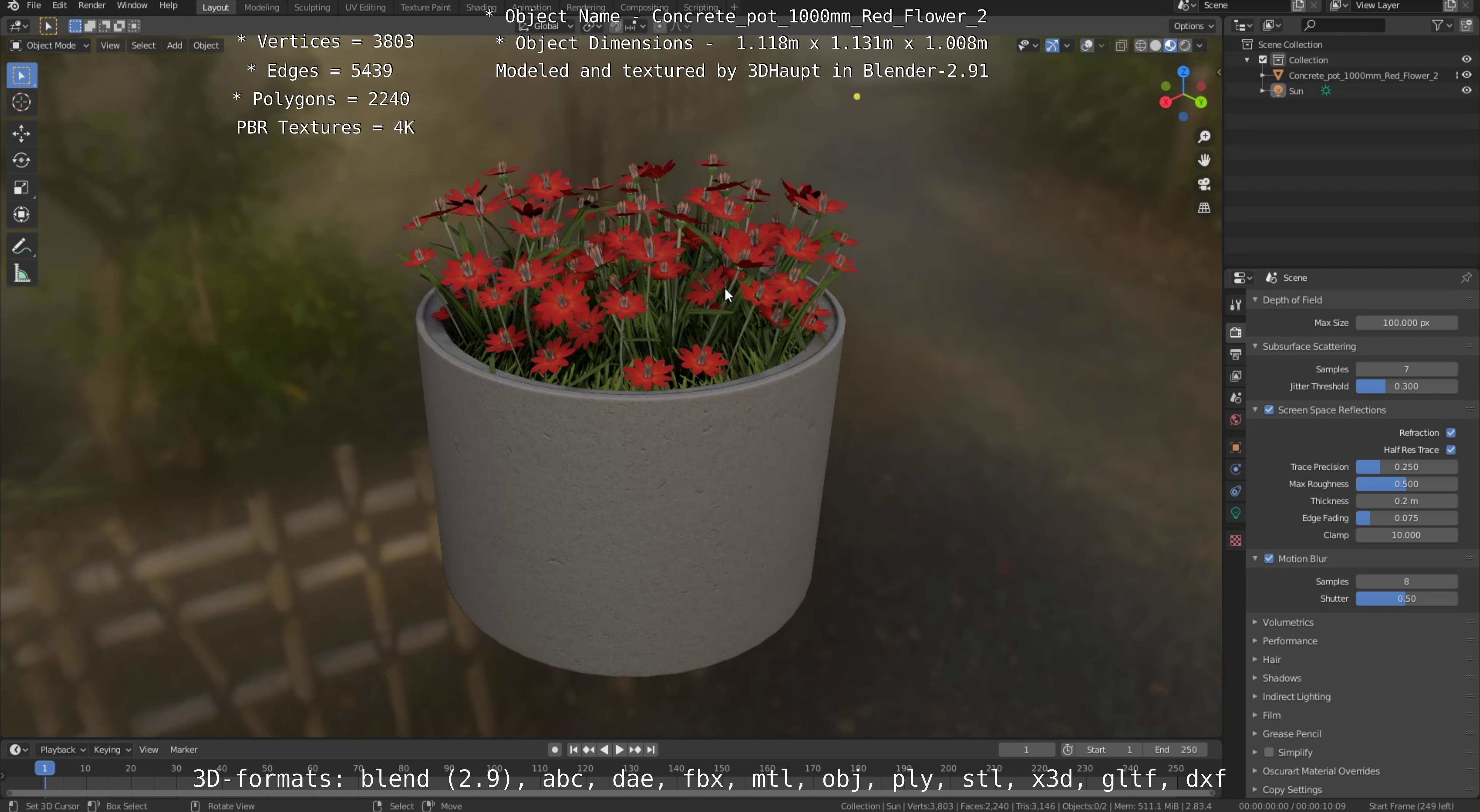 Concrete Pot 1000mm with Red Flowers Version 2 Low-poly 3D model_27