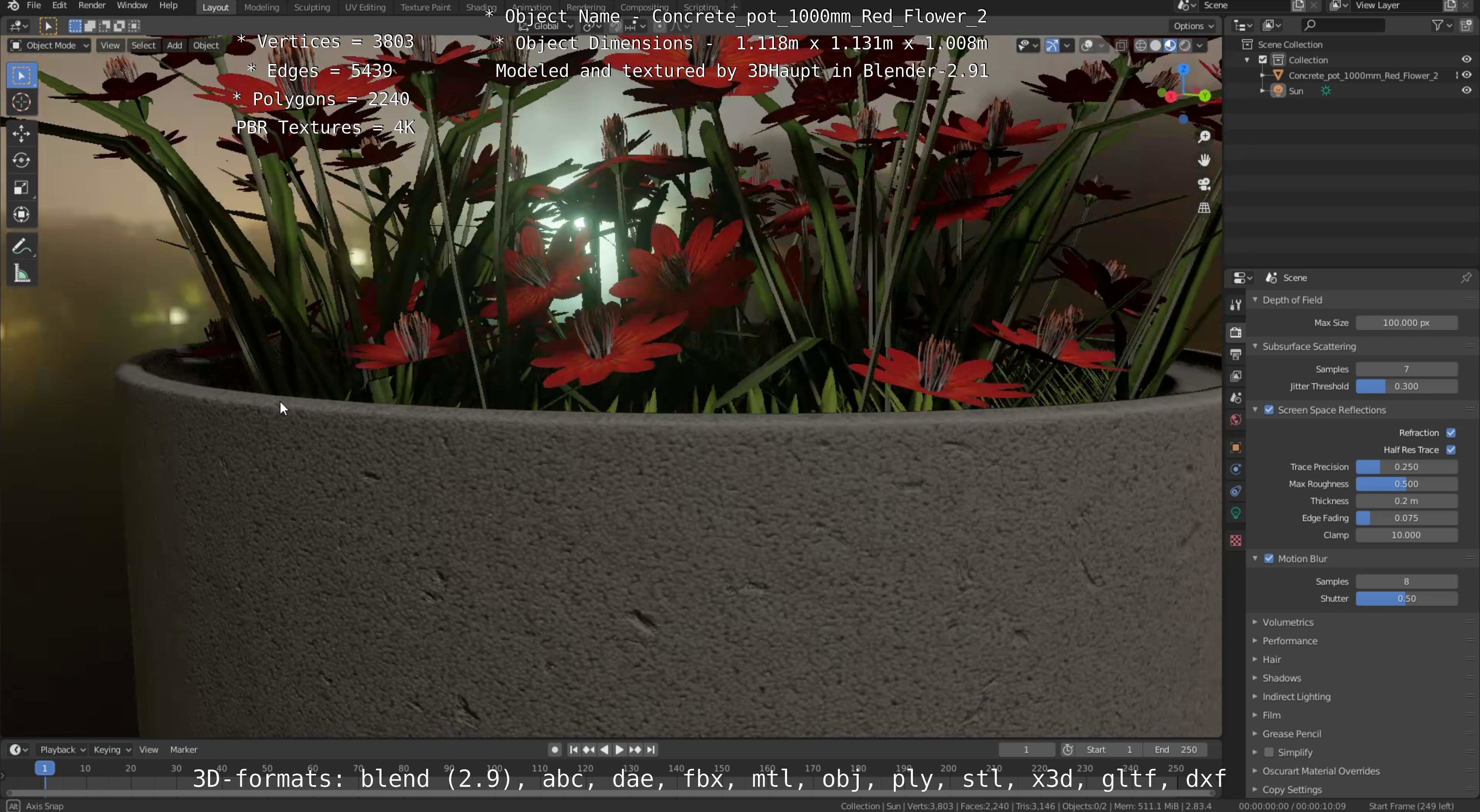 Concrete Pot 1000mm with Red Flowers Version 2 Low-poly 3D model_49