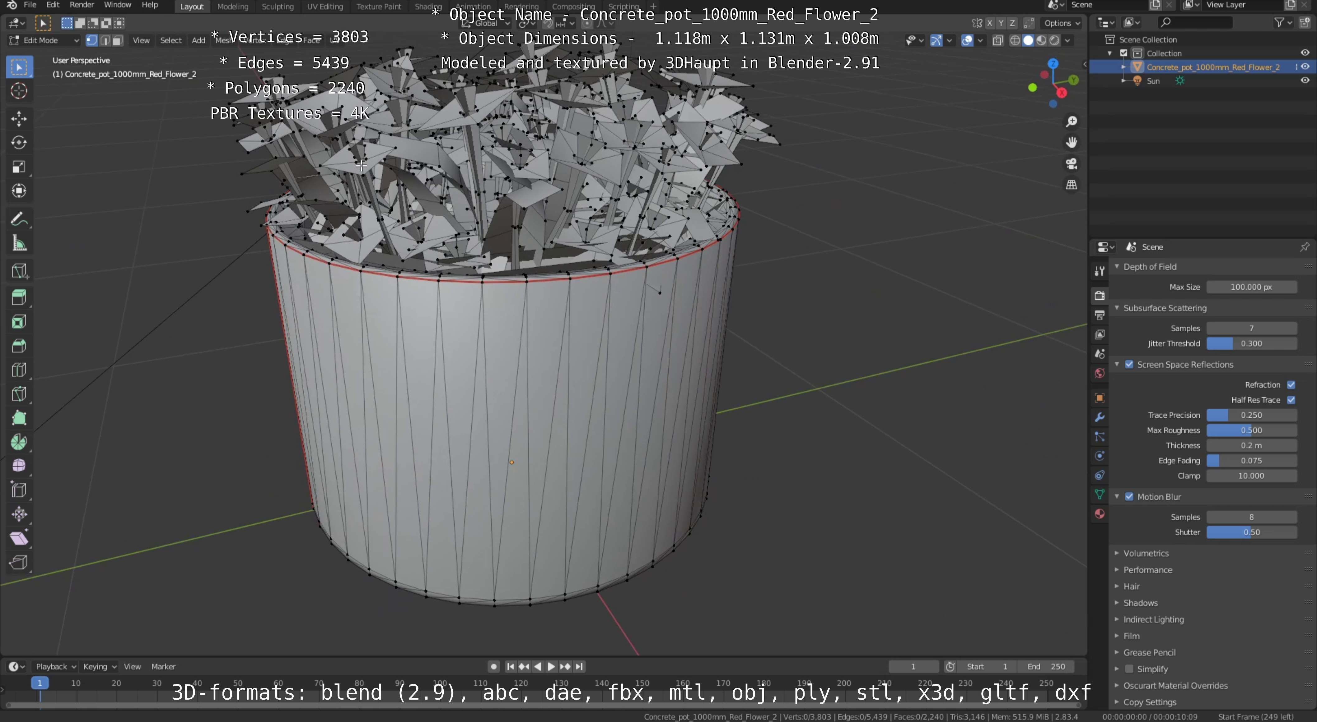 Concrete Pot 1000mm with Red Flowers Version 2 Low-poly 3D model_62