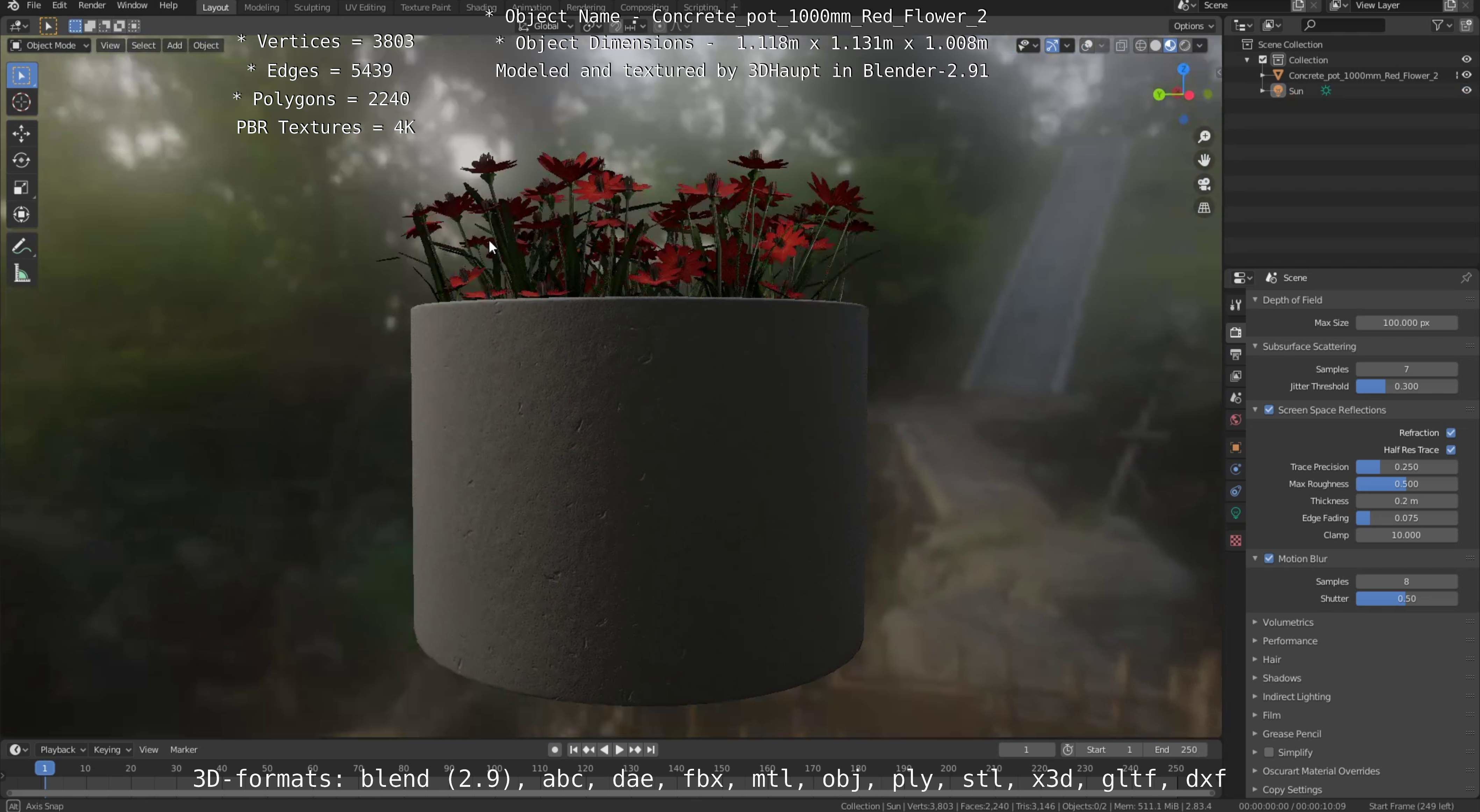 Concrete Pot 1000mm with Red Flowers Version 2 Low-poly 3D model_30