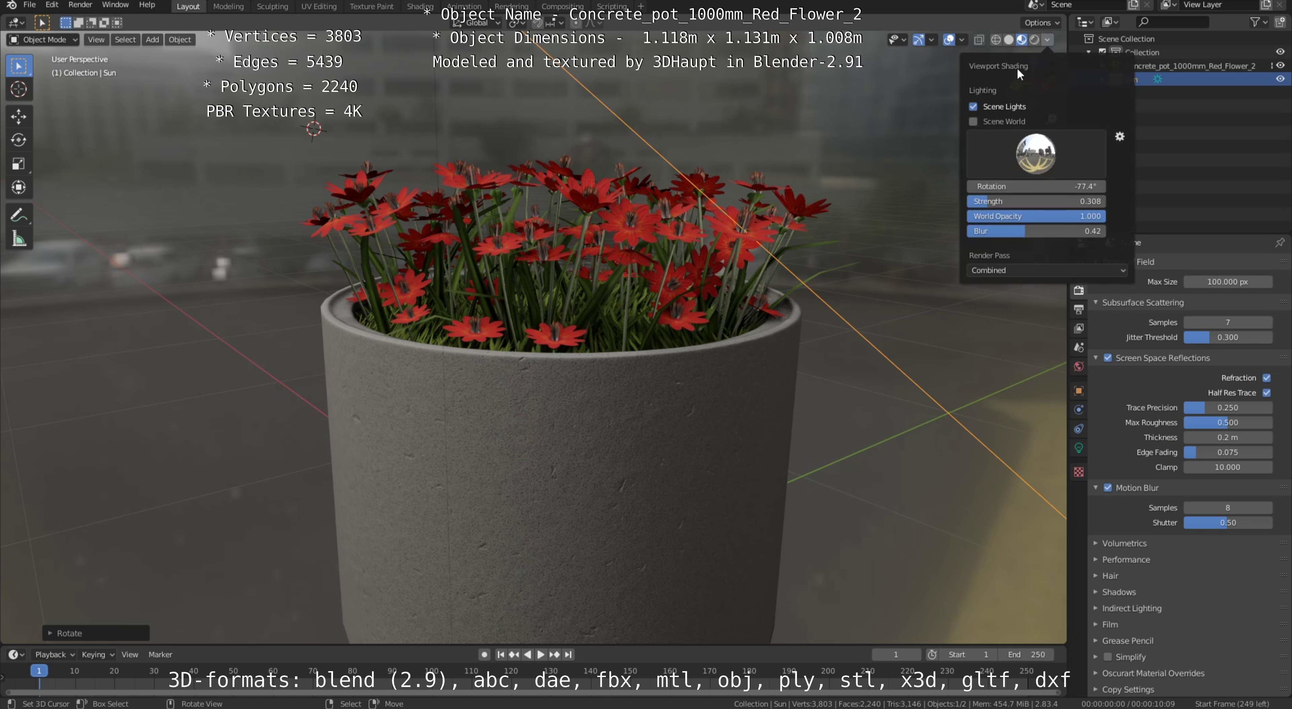 Concrete Pot 1000mm with Red Flowers Version 2 Low-poly 3D model_23