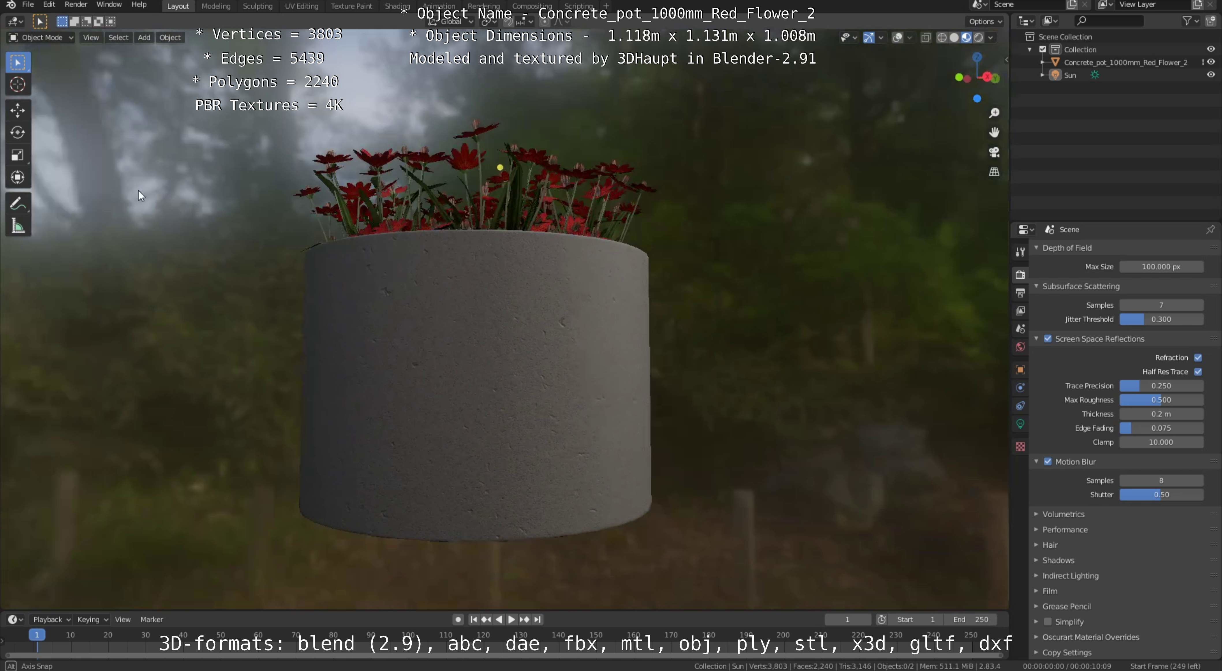 Concrete Pot 1000mm with Red Flowers Version 2 Low-poly 3D model_33