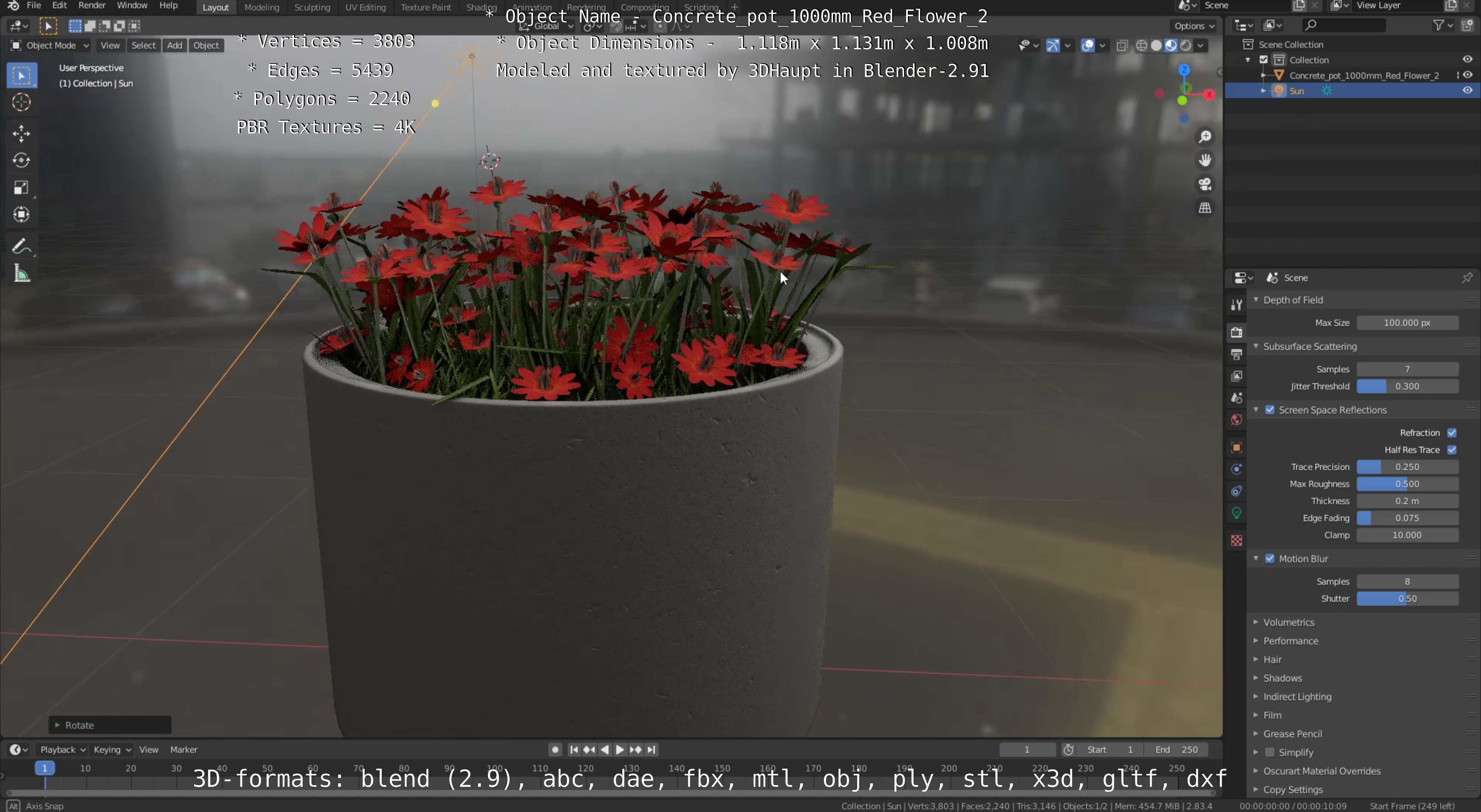 Concrete Pot 1000mm with Red Flowers Version 2 Low-poly 3D model_5