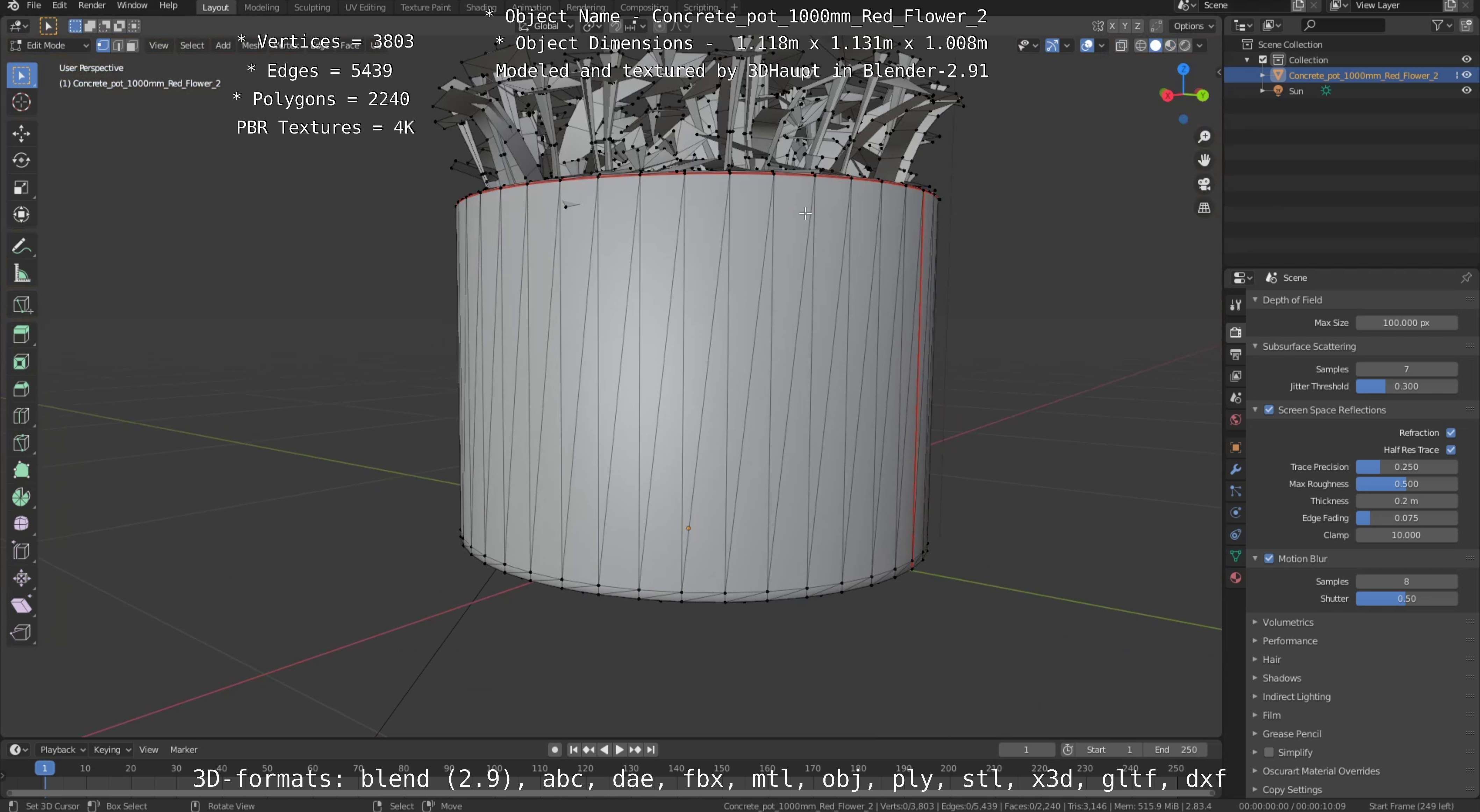 Concrete Pot 1000mm with Red Flowers Version 2 Low-poly 3D model_54